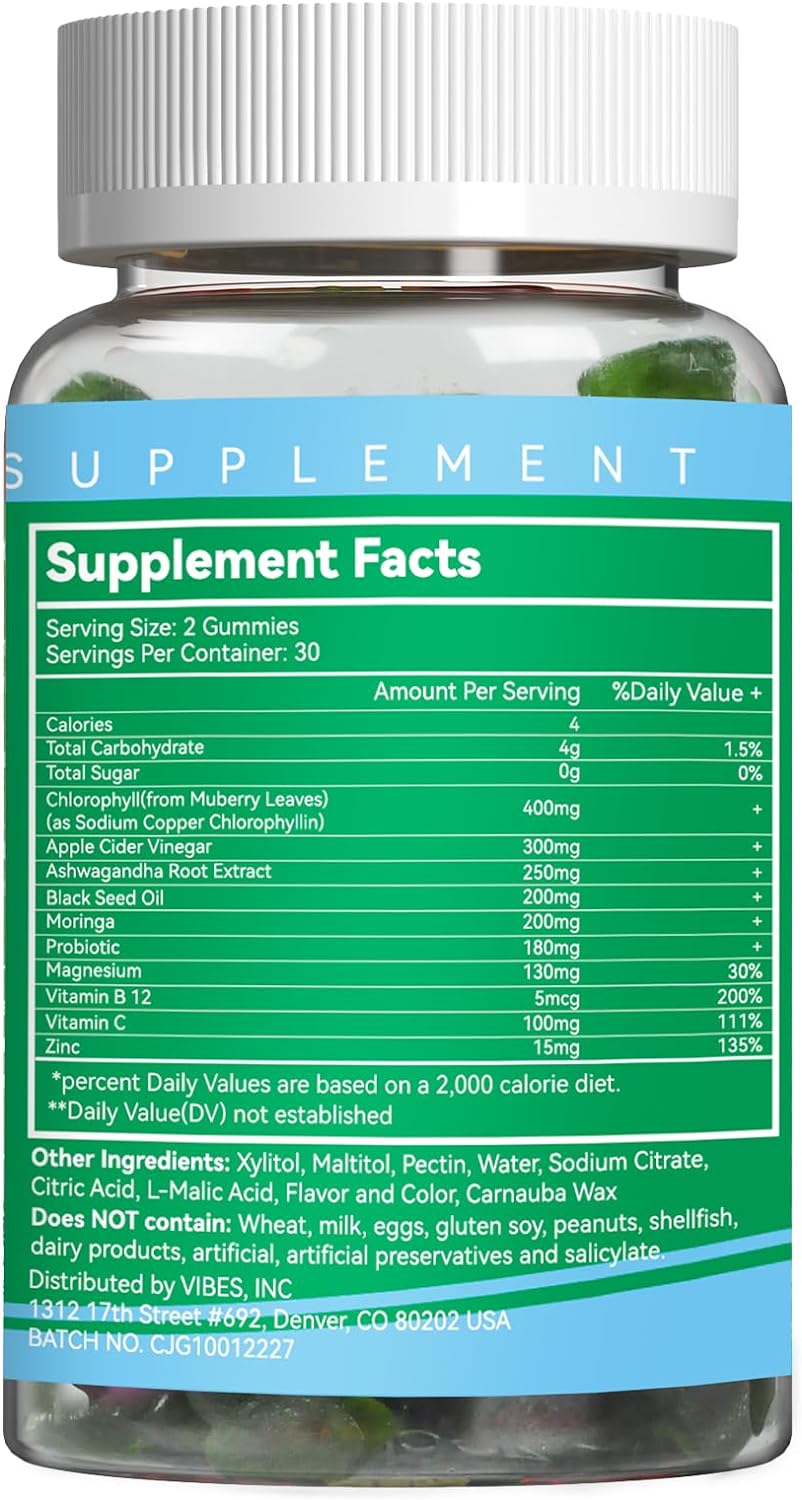 Chlorophyll Gummies with Apple Cider Vinegar Ashwagandha Vitamins Magnesium Gummies, Vegan Chlorophyll - 60 Count