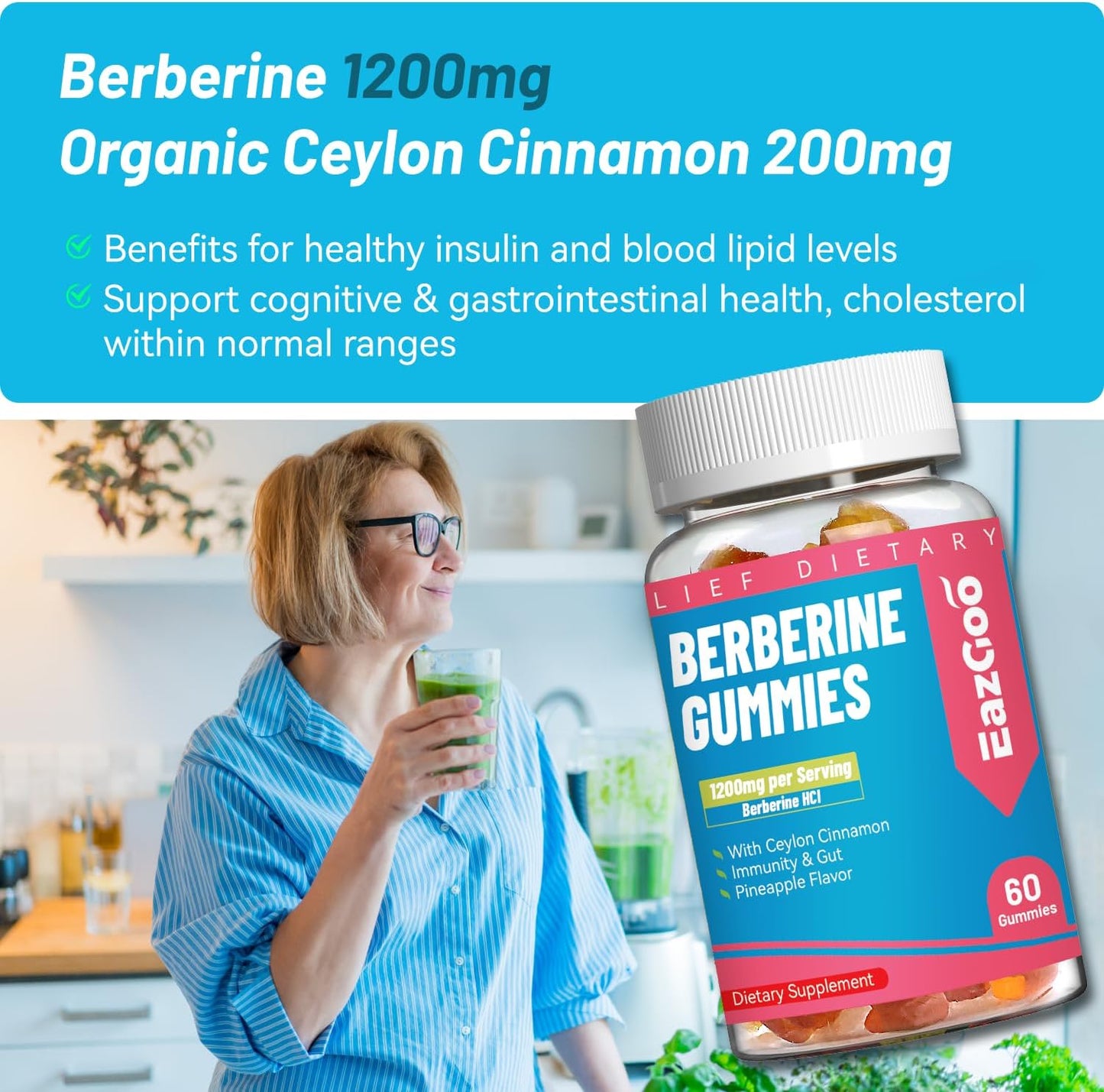 Berberine Gummies for Cardiovascular Health-Supports Immune System & Gut，Berberine 1200mg,Berberine with Ceylon Cinnamon,60 Count