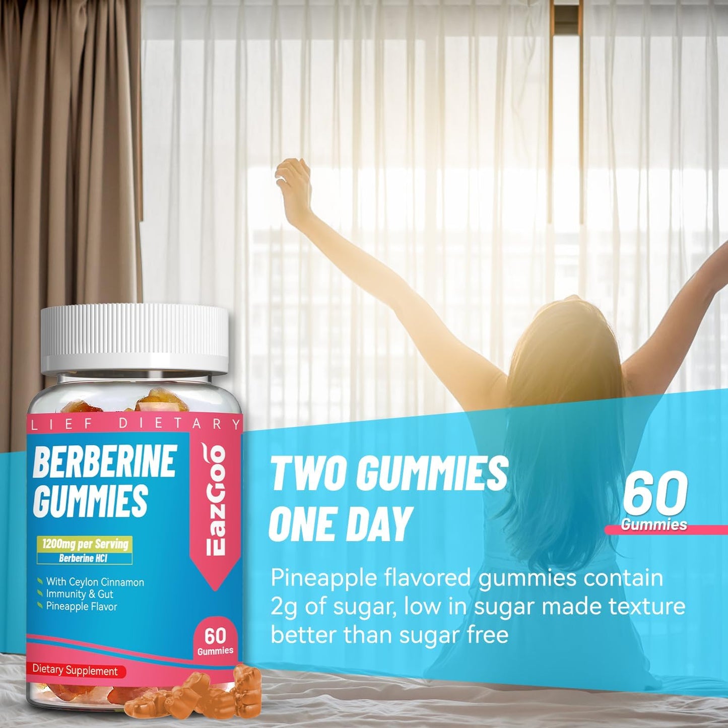 Berberine Gummies for Cardiovascular Health-Supports Immune System & Gut，Berberine 1200mg,Berberine with Ceylon Cinnamon,60 Count