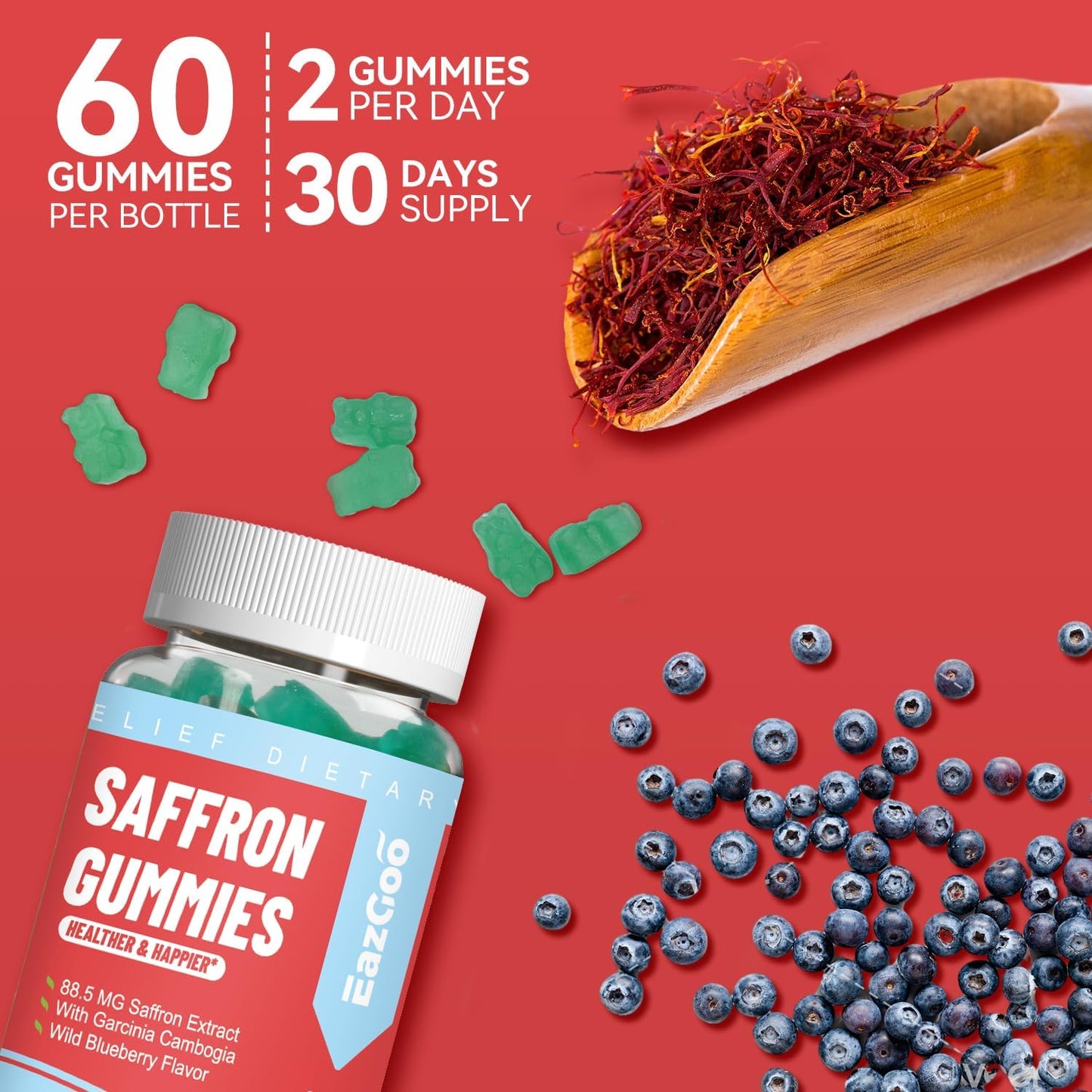 Saffron Supplements Gummies, Saffron Extract for Positive Mood & Calm Nerve, Boost Energy, with Garcinia Cambogia, Vitamin A, B12, Rhodiola Rosea - 60 Gummies