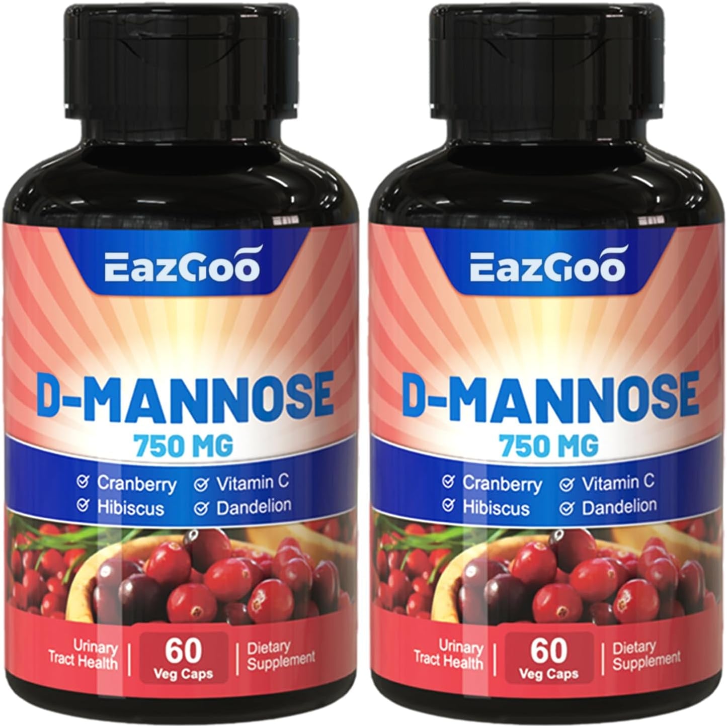 EAZGOO D-Mannose Capsules 5-in-1 Formula - D Mannose D 750 mg wiht Cranberry, Dandelion, Hibiscus Flower Extract and Vitamin C, Fast Acting Supplements,60 Capsules