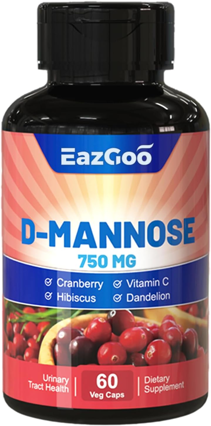 EAZGOO D-Mannose Capsules 5-in-1 Formula - D Mannose D 750 mg wiht Cranberry, Dandelion, Hibiscus Flower Extract and Vitamin C, Fast Acting Supplements,60 Capsules