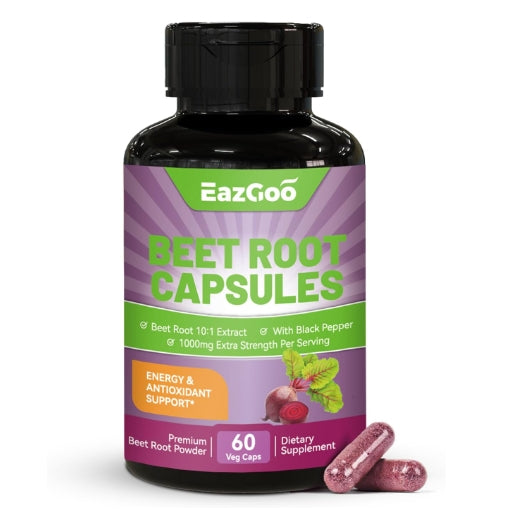 Beet Root Capsules 1000mg Per Serving, Supports Nitric Oxide Production & Blood Pressure, with Black Pepper Extract, Non-GMO, Gluten Free, Vegan - 60 Counts