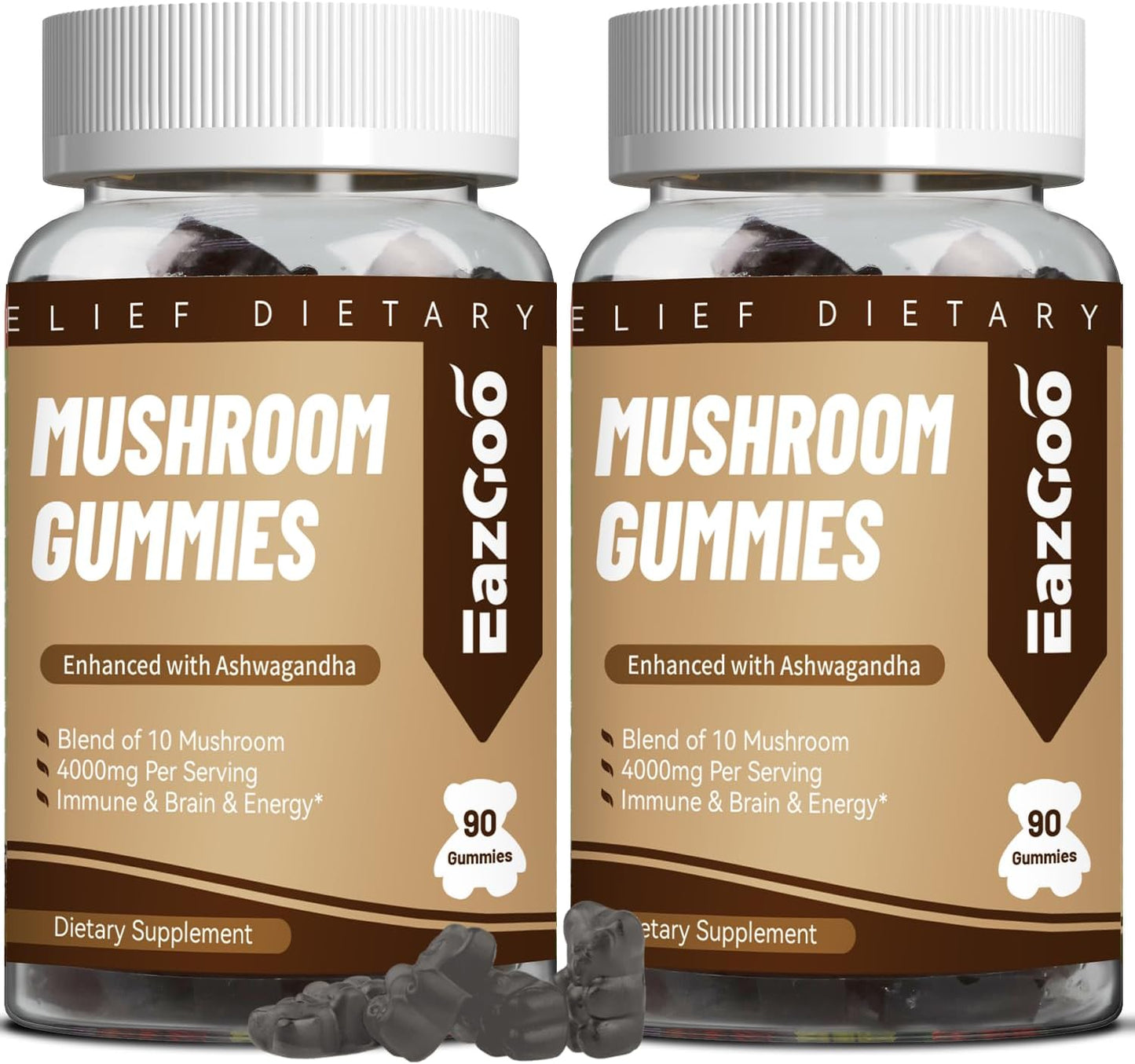 Mushroom Gummies Supplement - with Ashwagandha, Lions Mane, Shitake Mushrooms, Turkey Tail, Chaga, and Cordyceps Mushroom for Immune Health, Mood & Stress Support (90 Gummies)