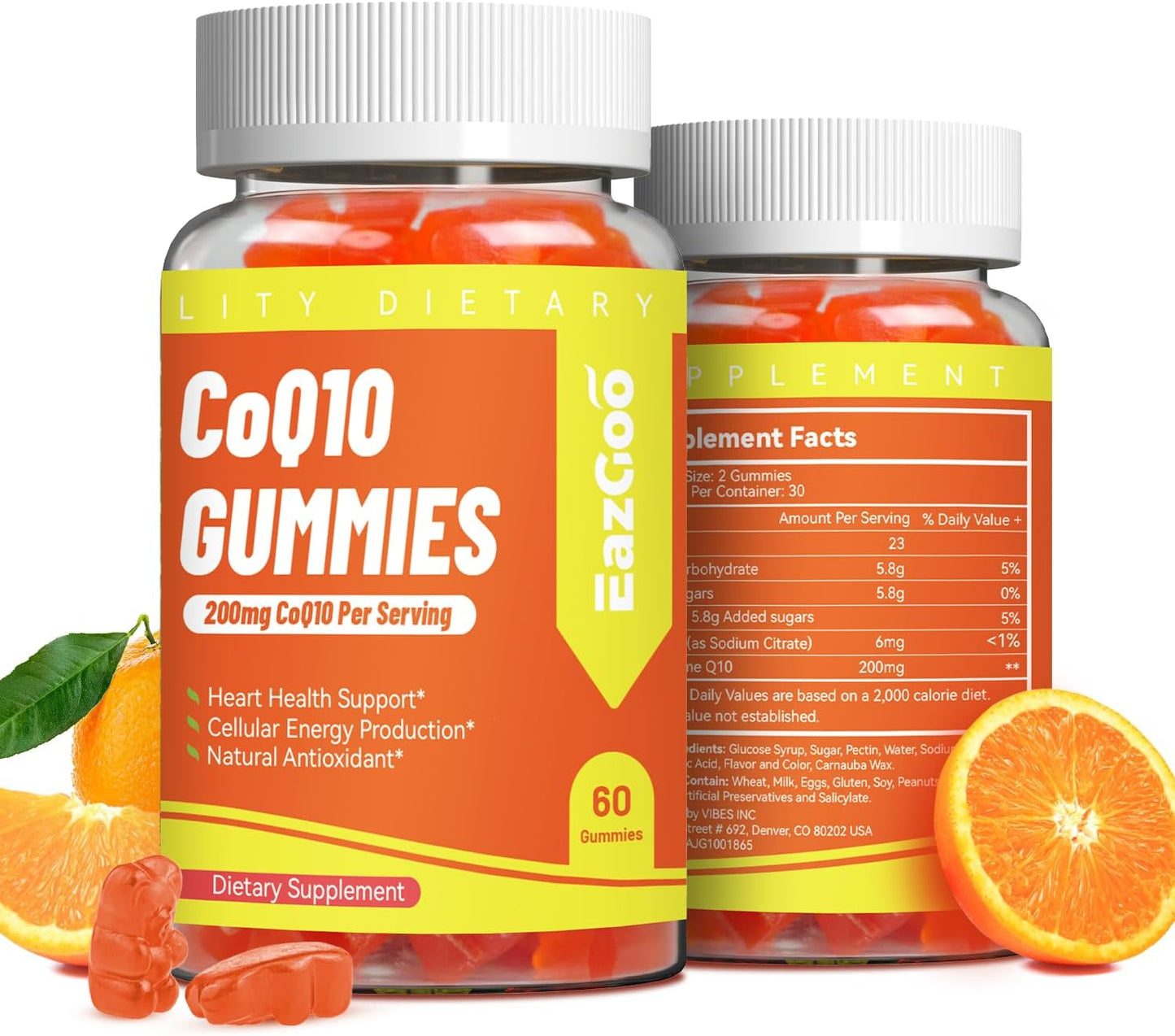 CoQ10 Gummies 200mg, Vegan Supplement for Energy Production, Non-GMO, Gluten Free (60 Gummies)