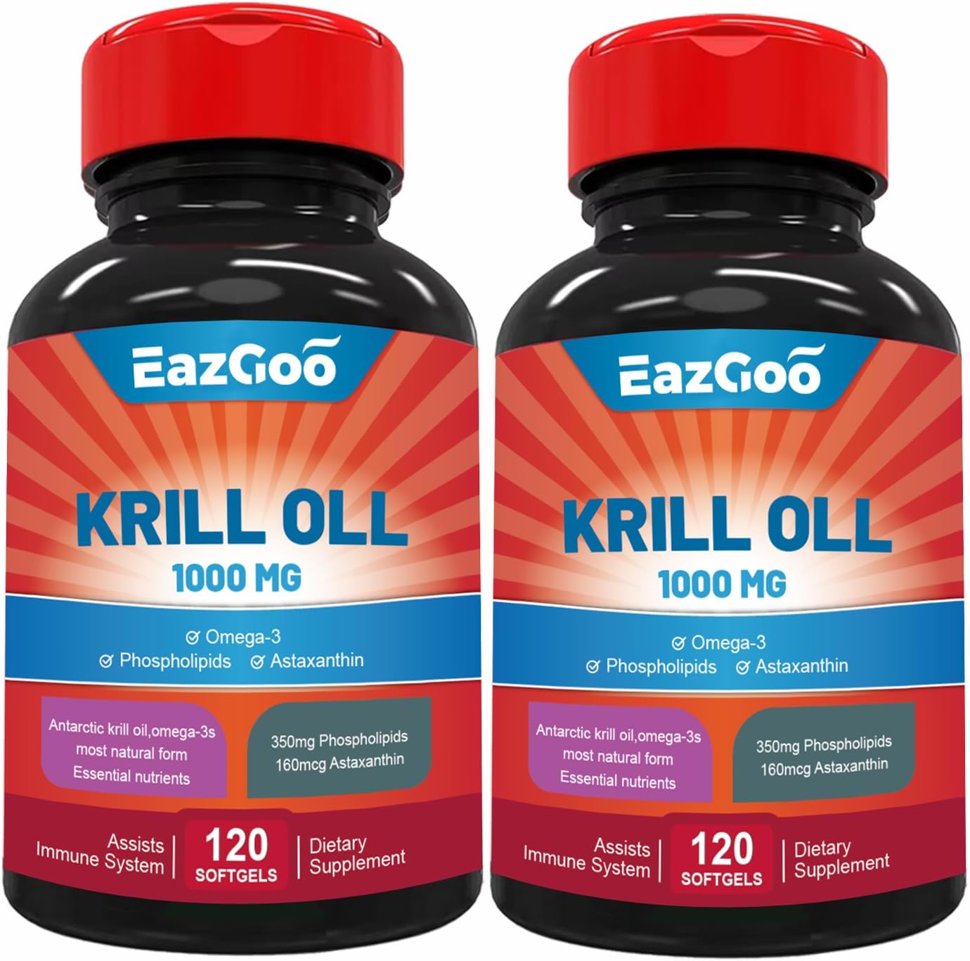 Antarctic Krill Oil 1000mg, Focuswell Omega 3 Supplement，EPA, DHA, Phospholipids and Astaxanthin- 120 Softgels