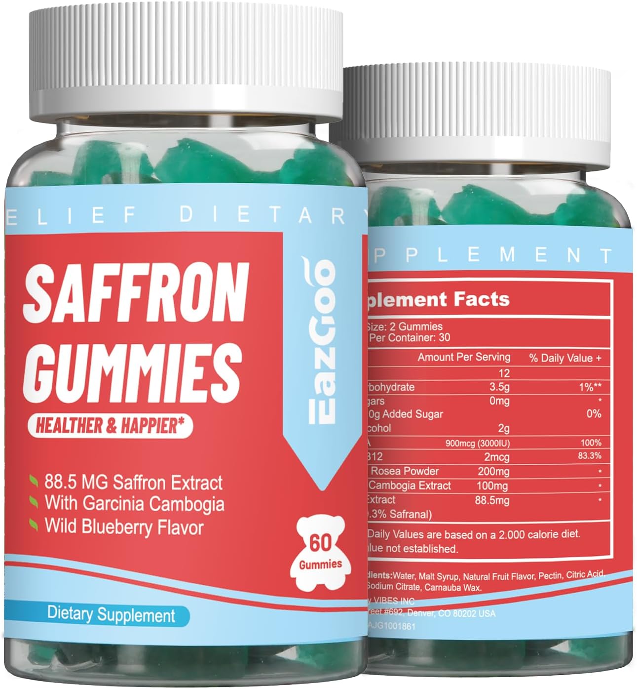 Saffron Supplements Gummies, Saffron Extract for Positive Mood & Calm Nerve, Boost Energy, with Garcinia Cambogia, Vitamin A, B12, Rhodiola Rosea - 60 Gummies