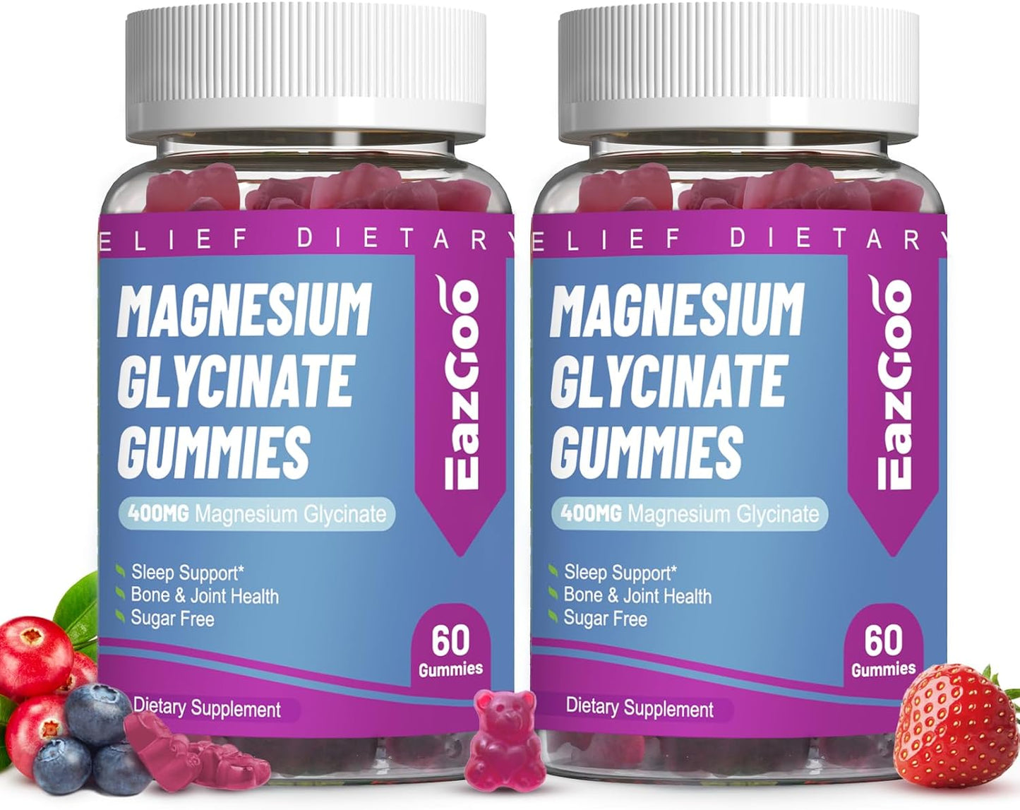 Magnesium Glycinate Gummies 400mg with L-Threonate 200mg - Sugar-Free Magnesium Potassium Supplement with Vitamin D, B6, CoQ10 for Muscle, Sleep Support - 60 Mixed Berry Flavored Gummies