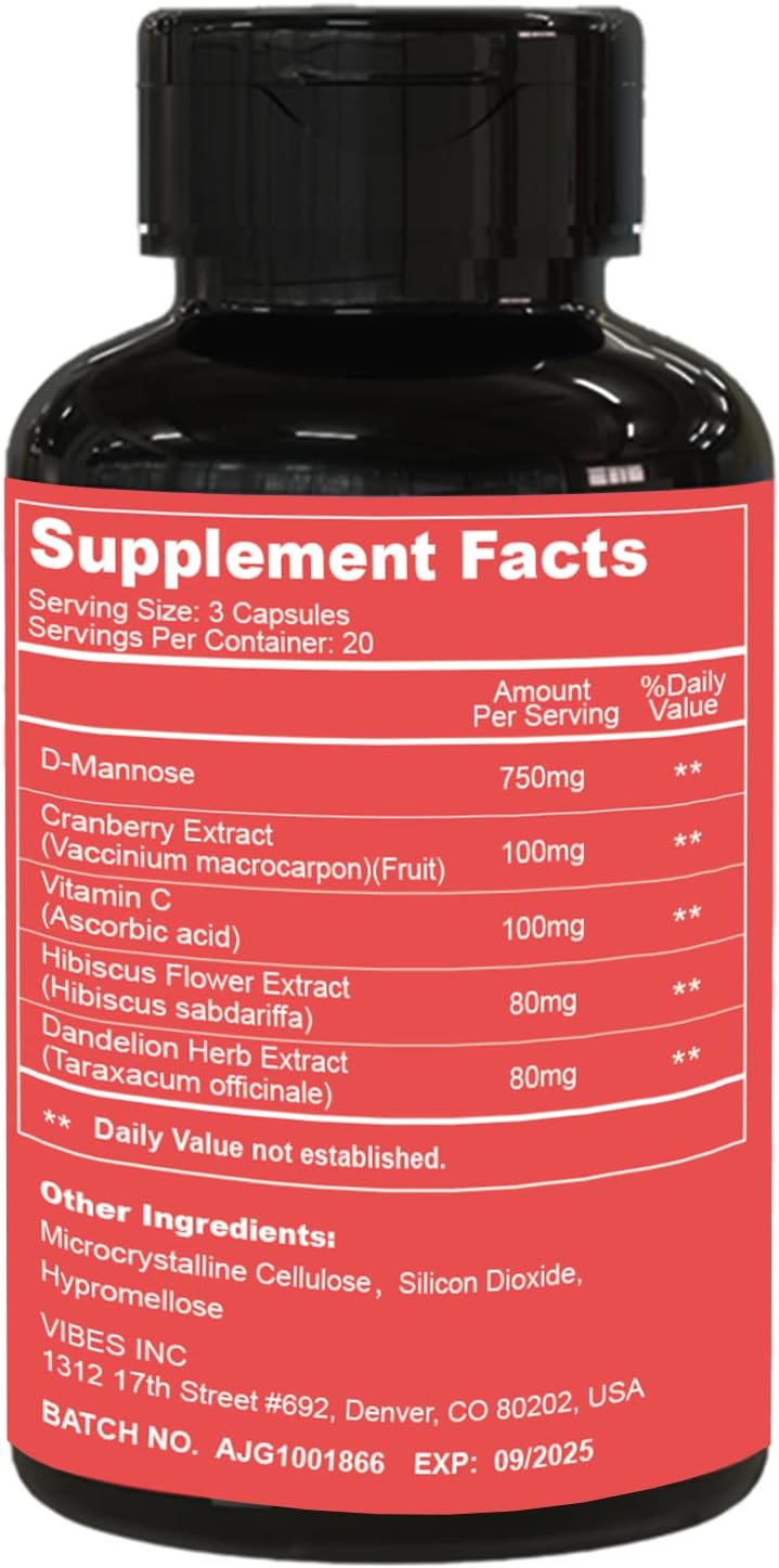 EAZGOO D-Mannose Capsules 5-in-1 Formula - D Mannose D 750 mg wiht Cranberry, Dandelion, Hibiscus Flower Extract and Vitamin C, Fast Acting Supplements,60 Capsules