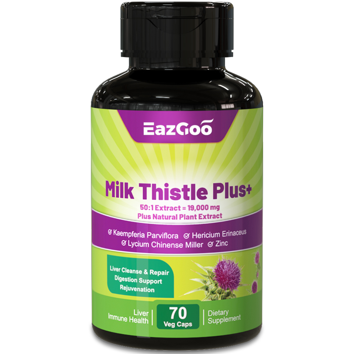 Milk Thistle Extract, Liver Cleanse & Repair Supplement, Digestion Support, Rejuvenation, with Black Ginger, Lion's Mane Mushroom, Goji Berry & Zinc, Non-GMO, Gluten Free - 70 Caps