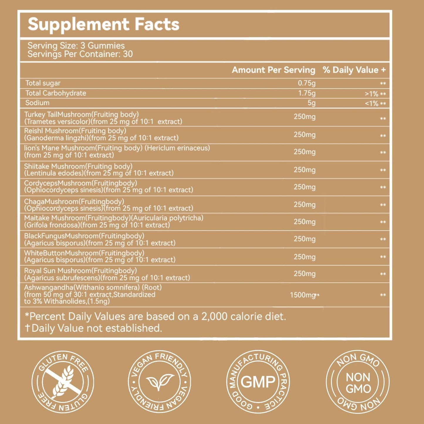 Mushroom Gummies Supplement - with Ashwagandha, Lions Mane, Shitake Mushrooms, Turkey Tail, Chaga, and Cordyceps Mushroom for Immune Health, Mood & Stress Support (90 Gummies)