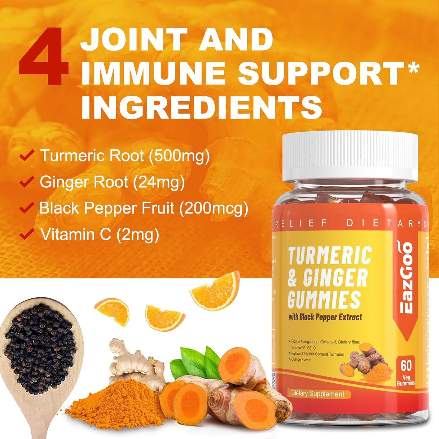 Turmeric Curcumin Gummies 500mg for Adults, with Black Pepper, Ginger Root, Joint & Healthy Inflammation Response, Vitamine C, Low Sugar Fruit Gummies, Orange Flavor - 120 Gummies