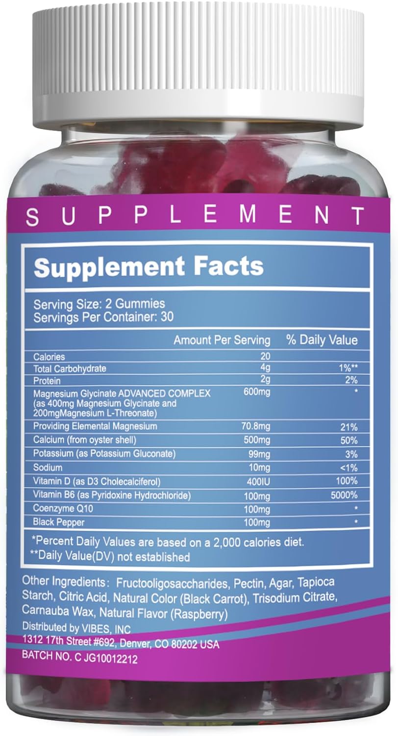 Magnesium Glycinate Gummies 400mg with L-Threonate 200mg - Sugar-Free Magnesium Potassium Supplement with Vitamin D, B6, CoQ10 for Muscle, Sleep Support - 60 Mixed Berry Flavored Gummies