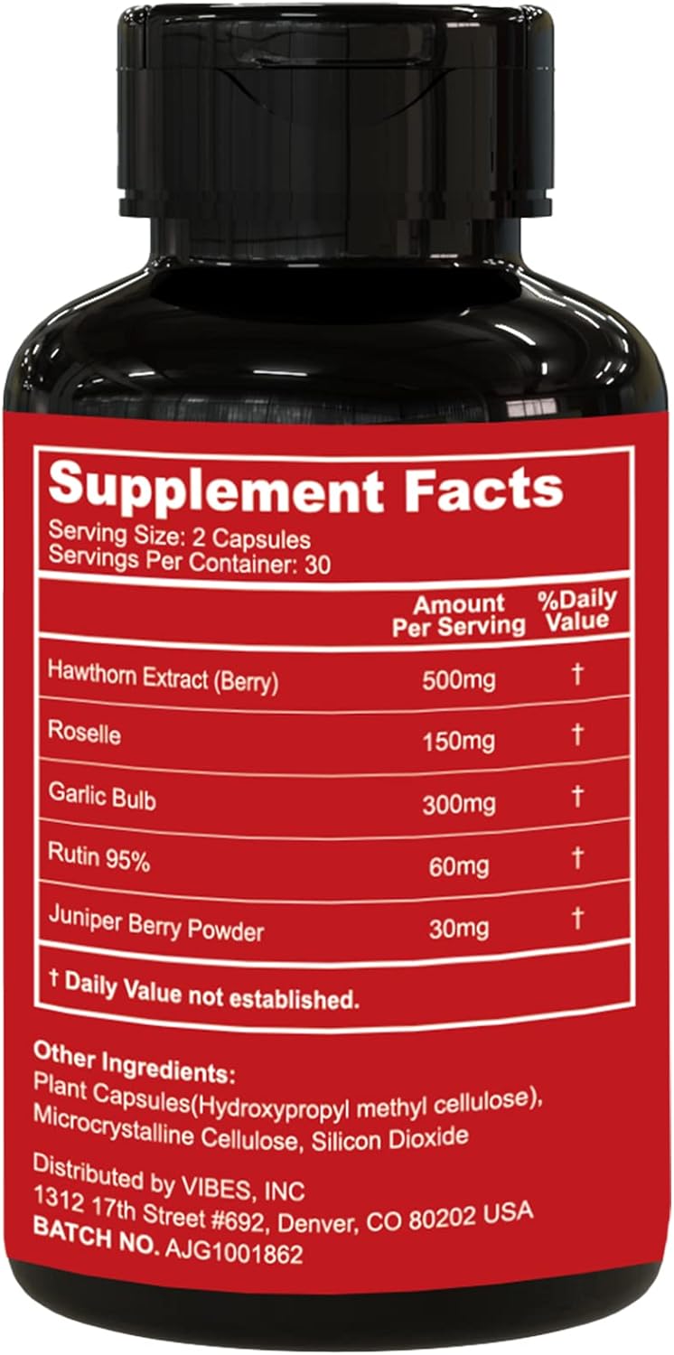 Hawthorn Berry Supplement Extract Polyphenol, Concentrated from 150g of Fresh Berries,Hawthorn Extract 500mg, Hibiscus & Garlic - Vitamins & Herbs 60 Caps