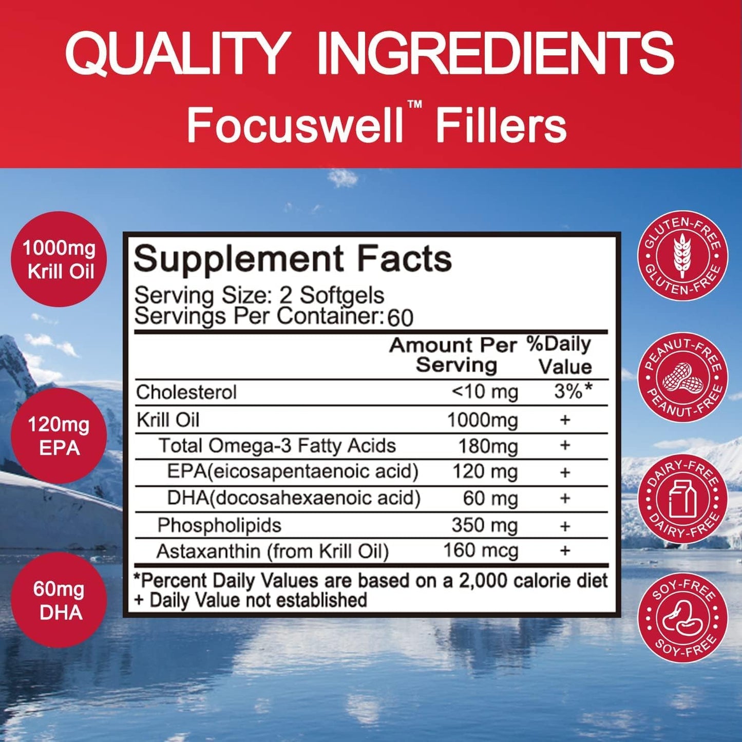 Antarctic Krill Oil 1000mg, Focuswell Omega 3 Supplement，EPA, DHA, Phospholipids and Astaxanthin- 120 Softgels