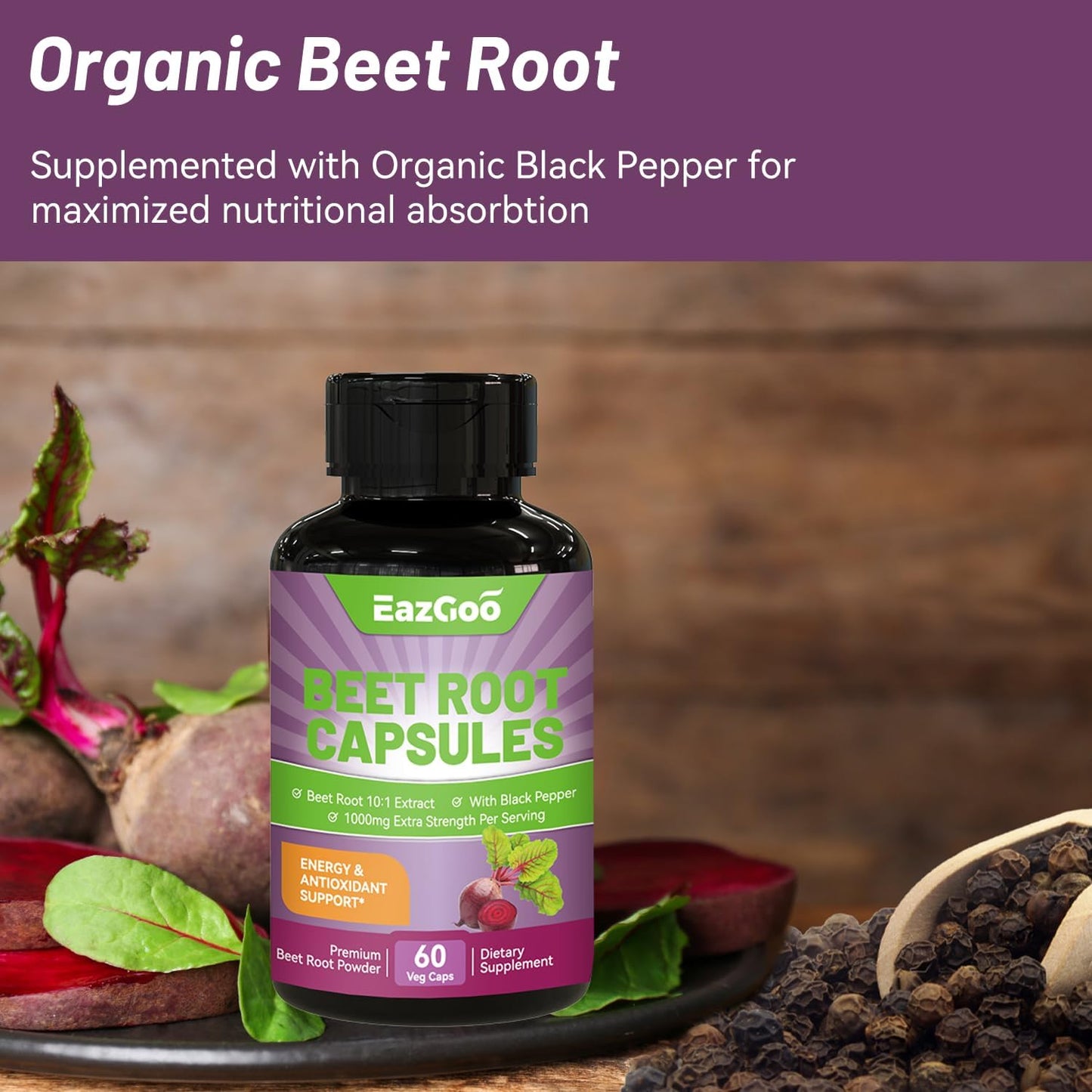 Beet Root Capsules 1000mg Per Serving, Supports Nitric Oxide Production & Blood Pressure, with Black Pepper Extract, Non-GMO, Gluten Free, Vegan - 60 Counts