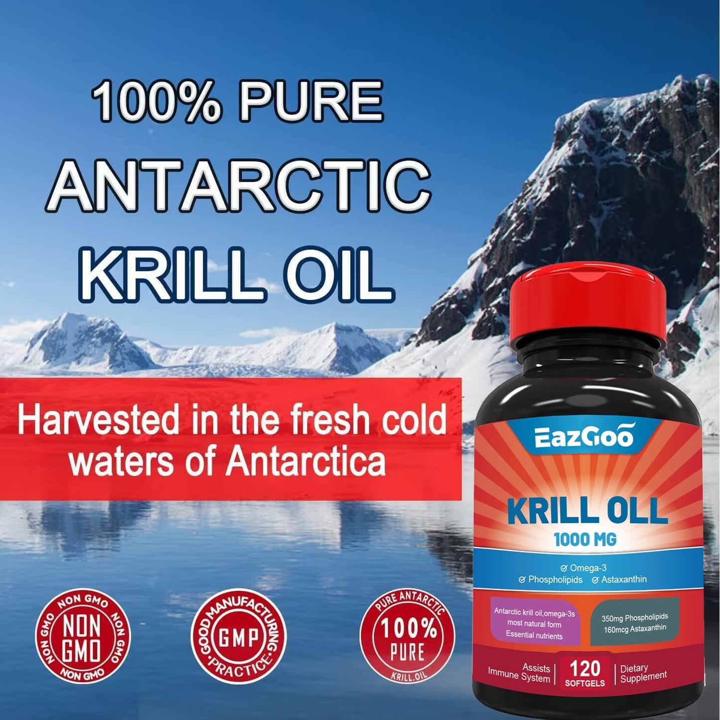 Antarctic Krill Oil 1000mg, Focuswell Omega 3 Supplement，EPA, DHA, Phospholipids and Astaxanthin- 120 Softgels