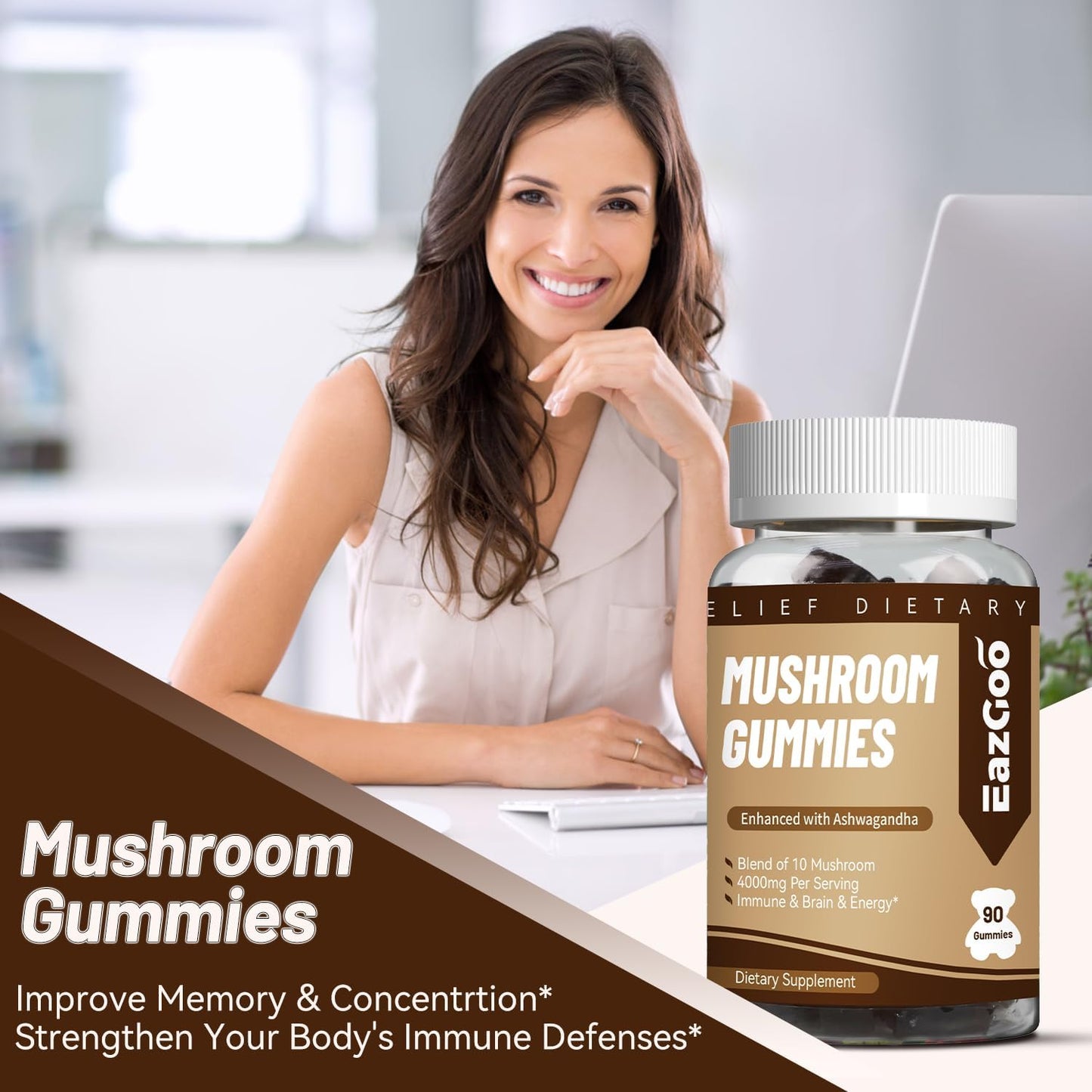 Mushroom Gummies Supplement - with Ashwagandha, Lions Mane, Shitake Mushrooms, Turkey Tail, Chaga, and Cordyceps Mushroom for Immune Health, Mood & Stress Support (90 Gummies)