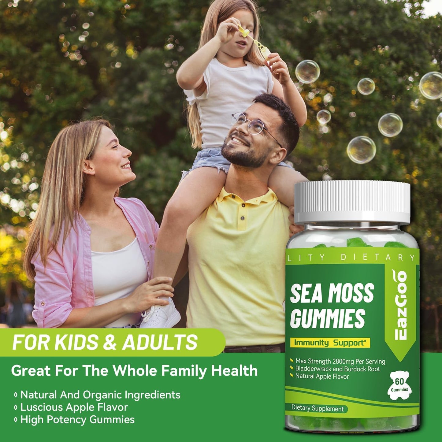 Sea Moss Gummies for Adults & Kids, Irish Sea Moss with Bladderwrack & Burdock Root, Rich in Minerals Vitamins, for Immune System, Vegan -120 Count