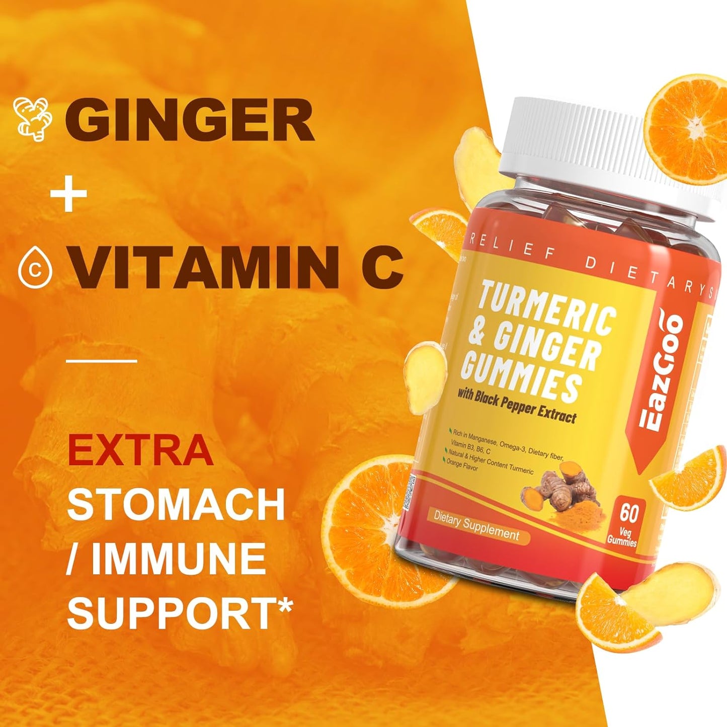 Turmeric Curcumin Gummies 500mg for Adults, with Black Pepper, Ginger Root, Joint & Healthy Inflammation Response, Vitamine C, Low Sugar Fruit Gummies, Orange Flavor - 120 Gummies