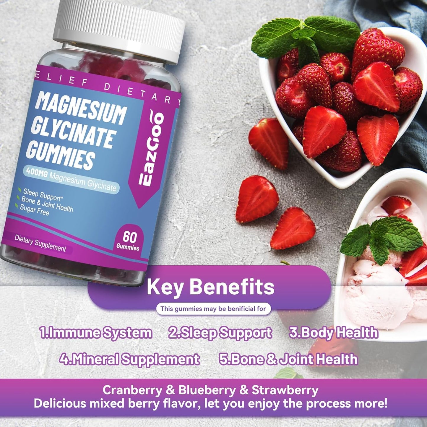 Magnesium Glycinate Gummies 400mg with L-Threonate 200mg - Sugar-Free Magnesium Potassium Supplement with Vitamin D, B6, CoQ10 for Muscle, Sleep Support - 60 Mixed Berry Flavored Gummies