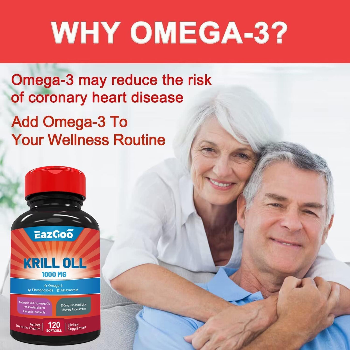 Antarctic Krill Oil 1000mg, Focuswell Omega 3 Supplement，EPA, DHA, Phospholipids and Astaxanthin- 120 Softgels