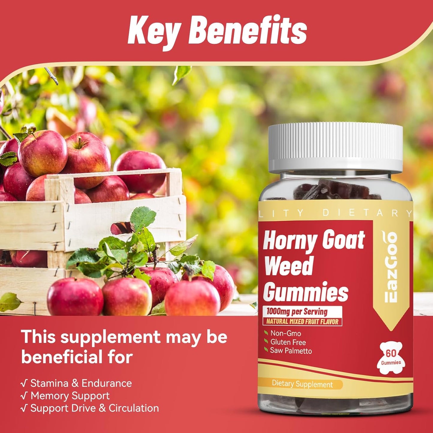 Horny Goat Weed Gummies for Men & Women, Horny Goat Weed Supplement with Maca, Tongkat Ali, Saw Palmetto, 60 Count