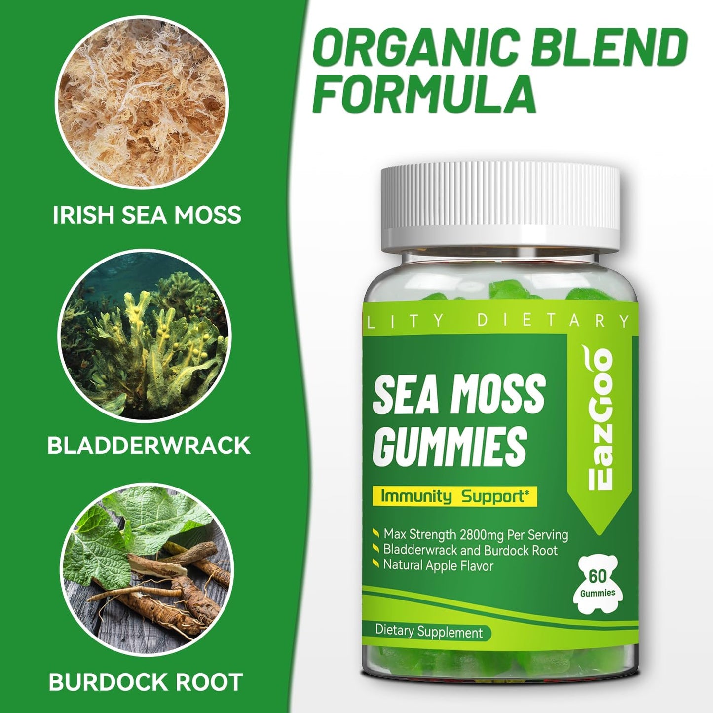 Sea Moss Gummies for Adults & Kids, Irish Sea Moss with Bladderwrack & Burdock Root, Rich in Minerals Vitamins, for Immune System, Vegan -120 Count