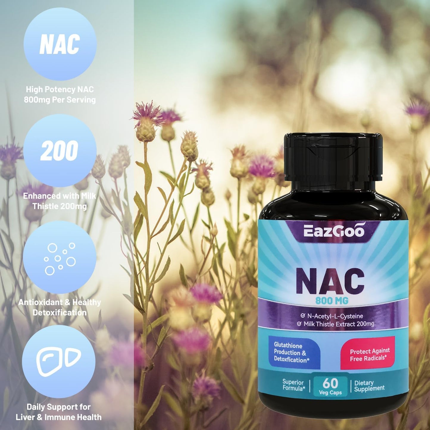 NAC Supplement N-Acetyl Cysteine 800mg, with Milk Thistle 200mg, Immune System & Antioxidant Support, Non-GMO, Gluten Free - 60 Capsules