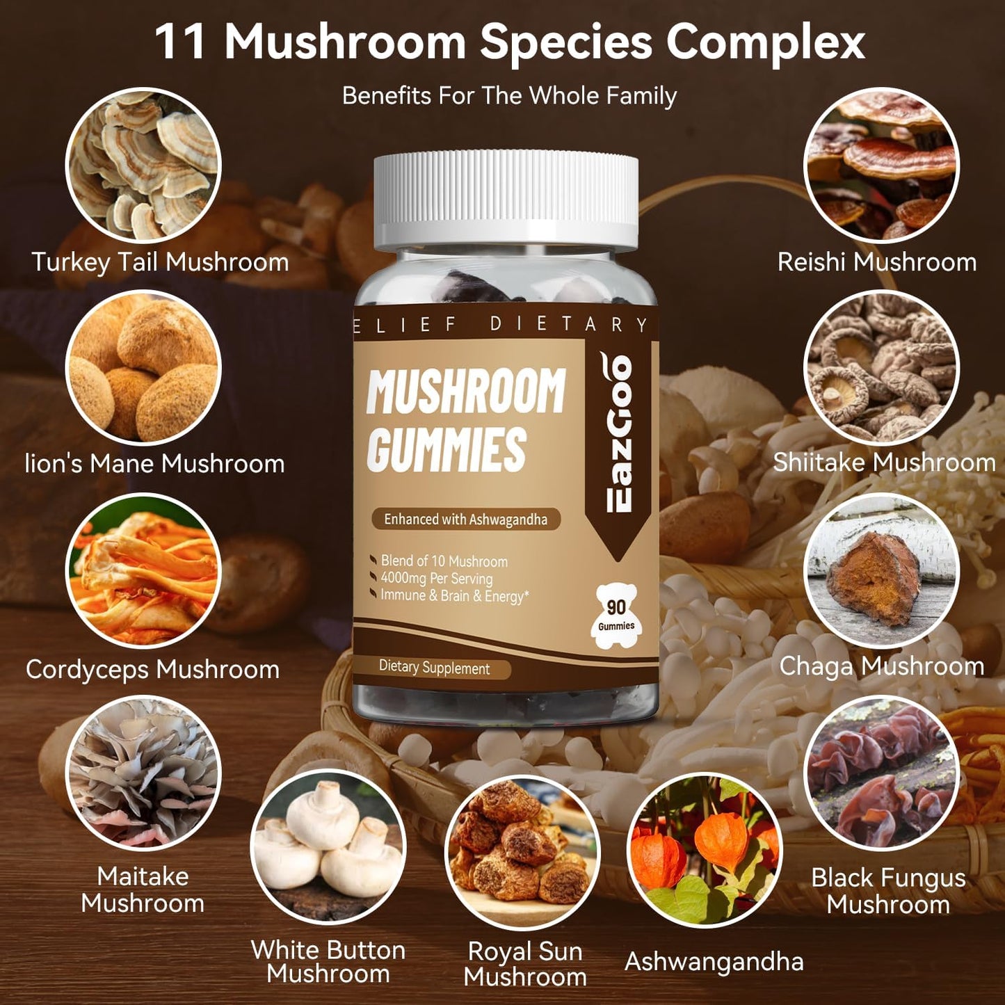 Mushroom Gummies Supplement - with Ashwagandha, Lions Mane, Shitake Mushrooms, Turkey Tail, Chaga, and Cordyceps Mushroom for Immune Health, Mood & Stress Support (90 Gummies)