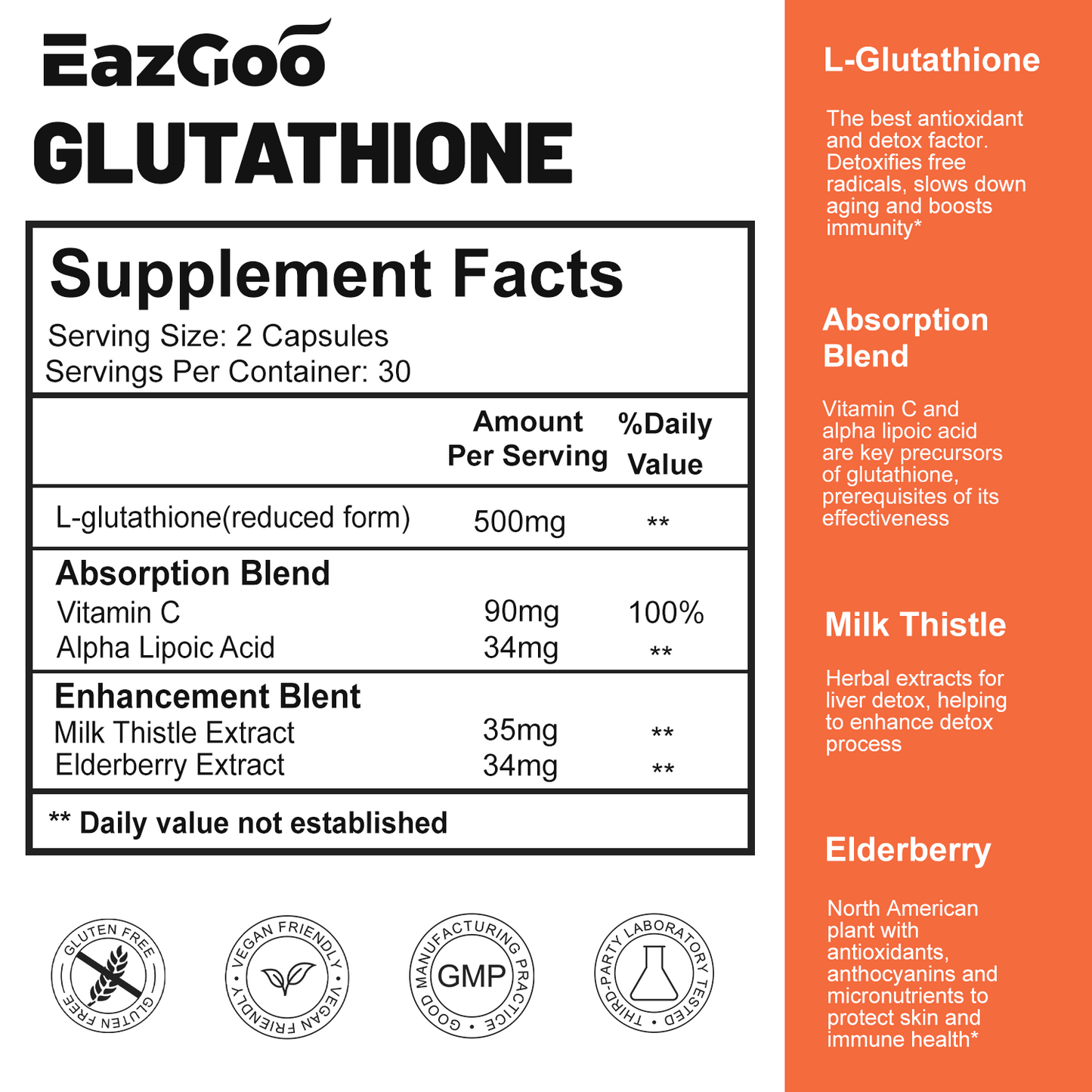 EAZGOO Reduced Glutathione Supplement,500mg, 98% Pure with Vitamin C Elderberry Milk Thistle, Antioxidant & Liver Detox, Immune Support & Anti Aging, Vegan, Gluten Free, 60 Count