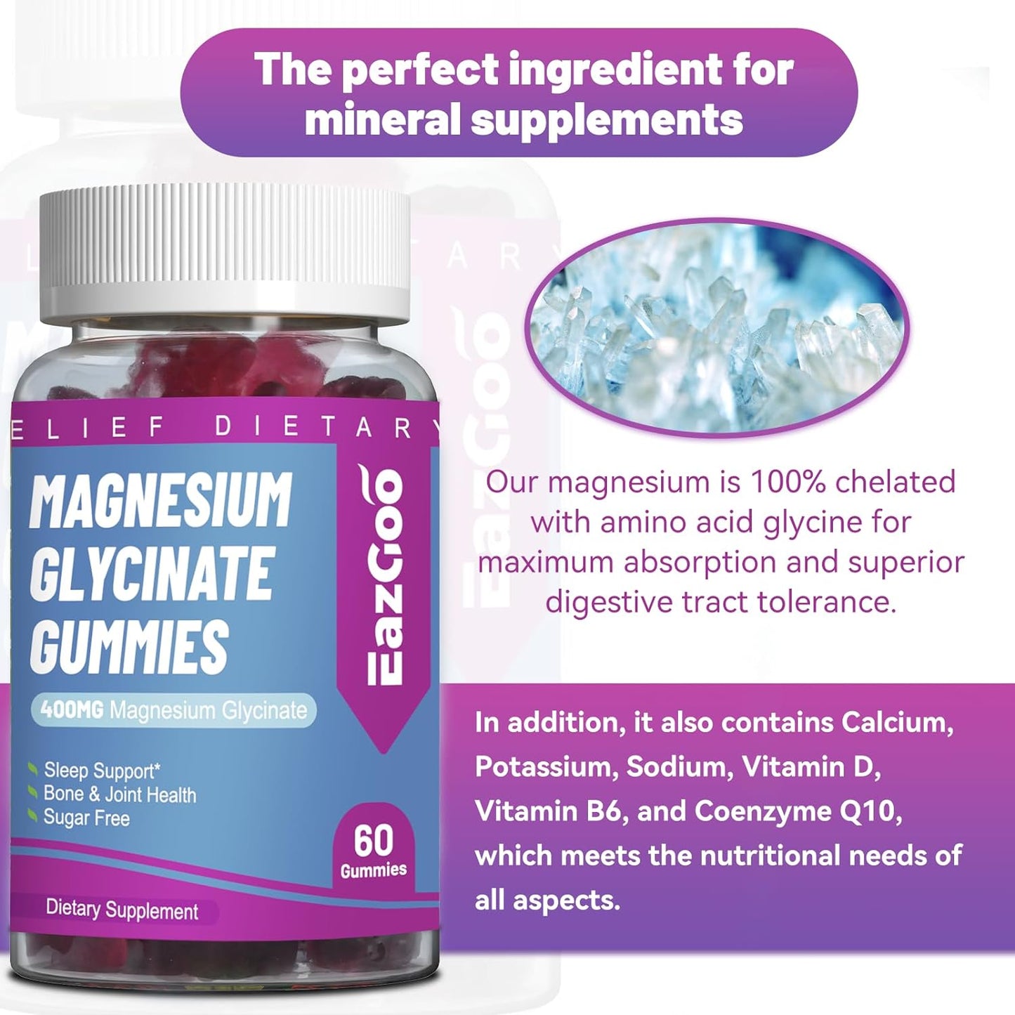 Magnesium Glycinate Gummies 400mg with L-Threonate 200mg - Sugar-Free Magnesium Potassium Supplement with Vitamin D, B6, CoQ10 for Muscle, Sleep Support - 60 Mixed Berry Flavored Gummies