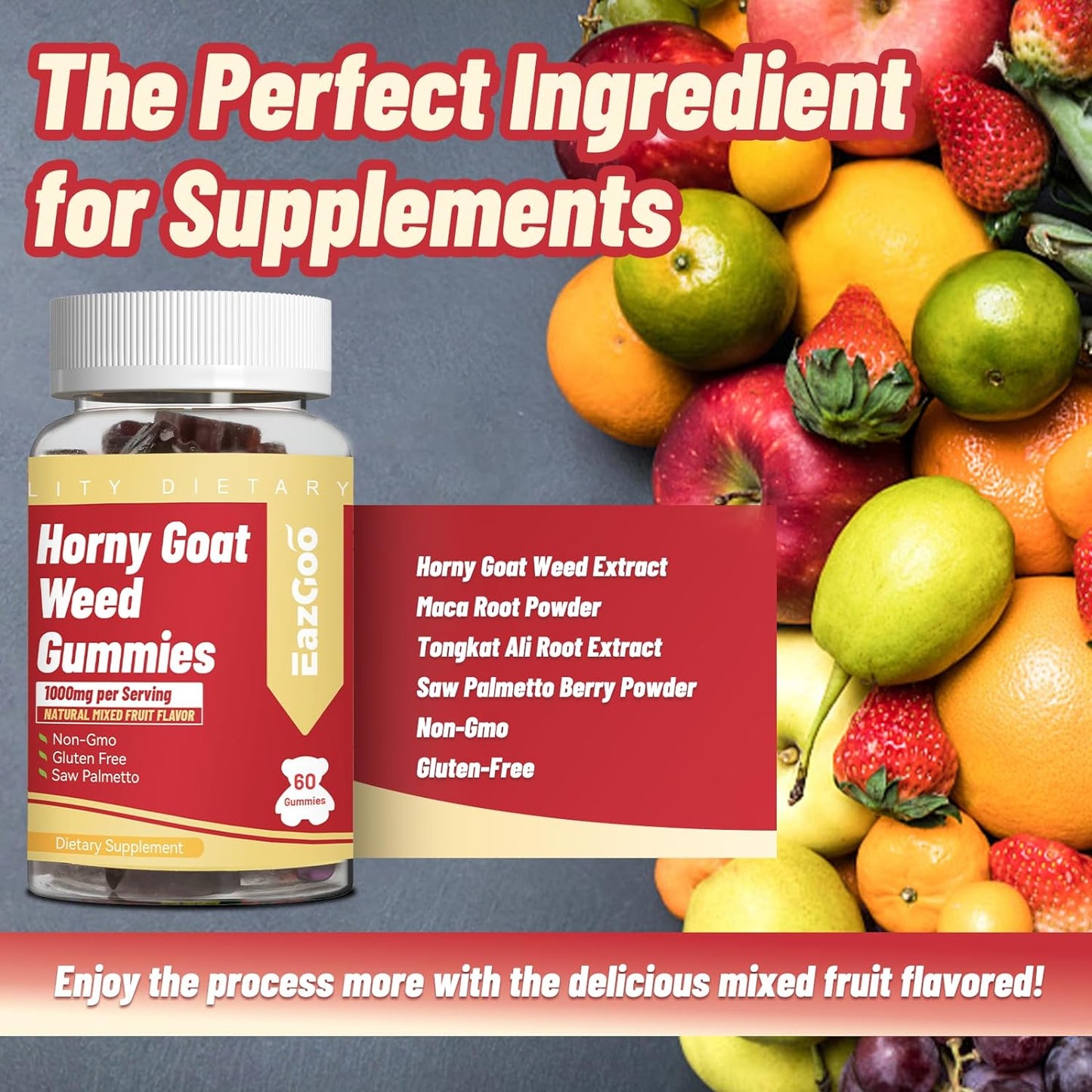 Horny Goat Weed Gummies for Men & Women, Horny Goat Weed Supplement with Maca, Tongkat Ali, Saw Palmetto, 60 Count