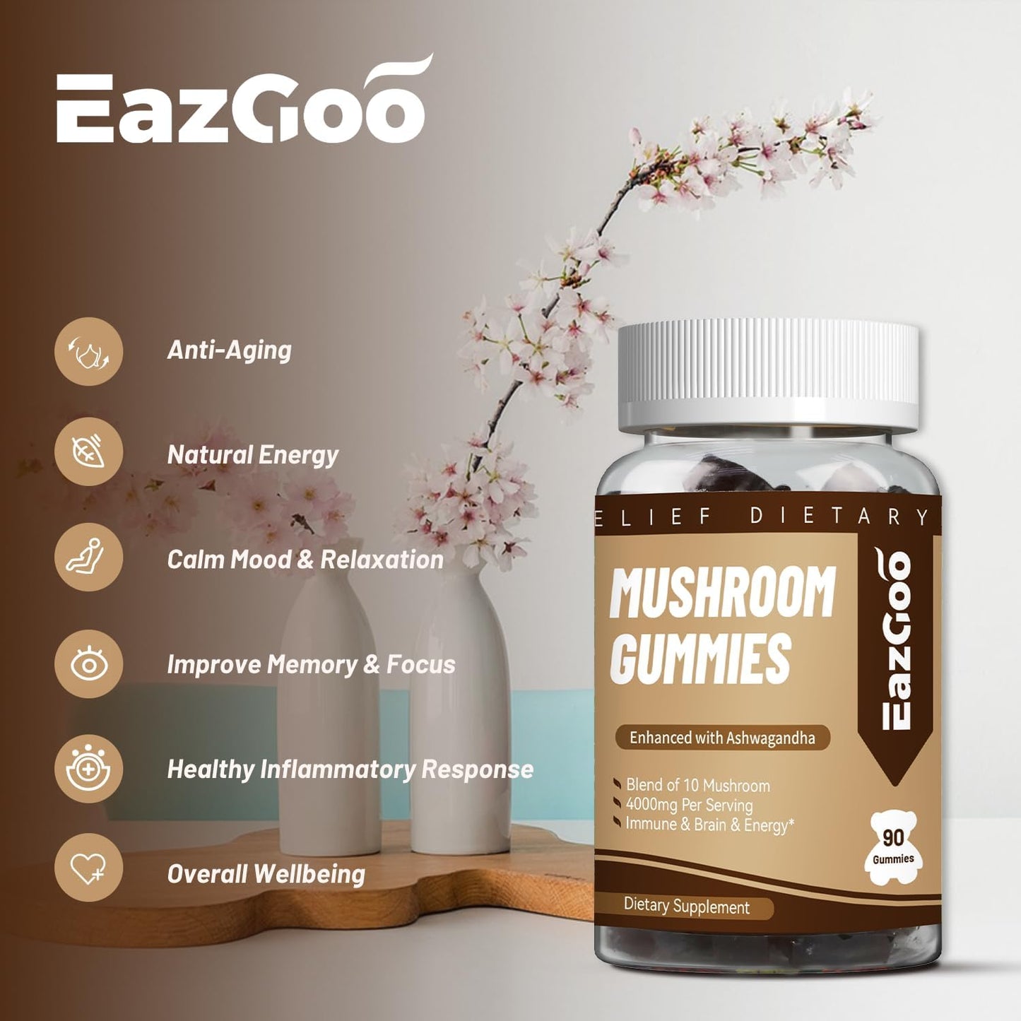 Mushroom Gummies Supplement - with Ashwagandha, Lions Mane, Shitake Mushrooms, Turkey Tail, Chaga, and Cordyceps Mushroom for Immune Health, Mood & Stress Support (90 Gummies)