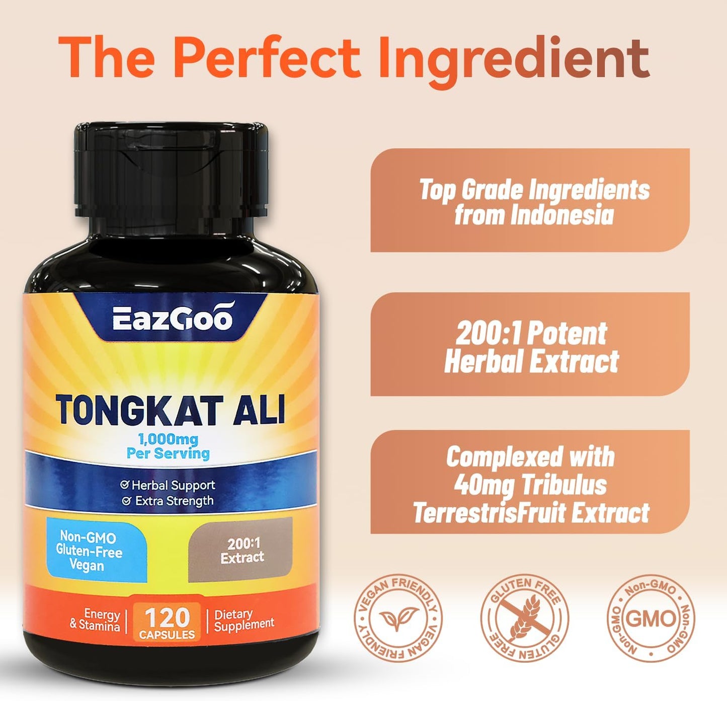 Testosterone Booster Tongkat Ali for Men Increase Workout Force -1000mg 120 Capsules