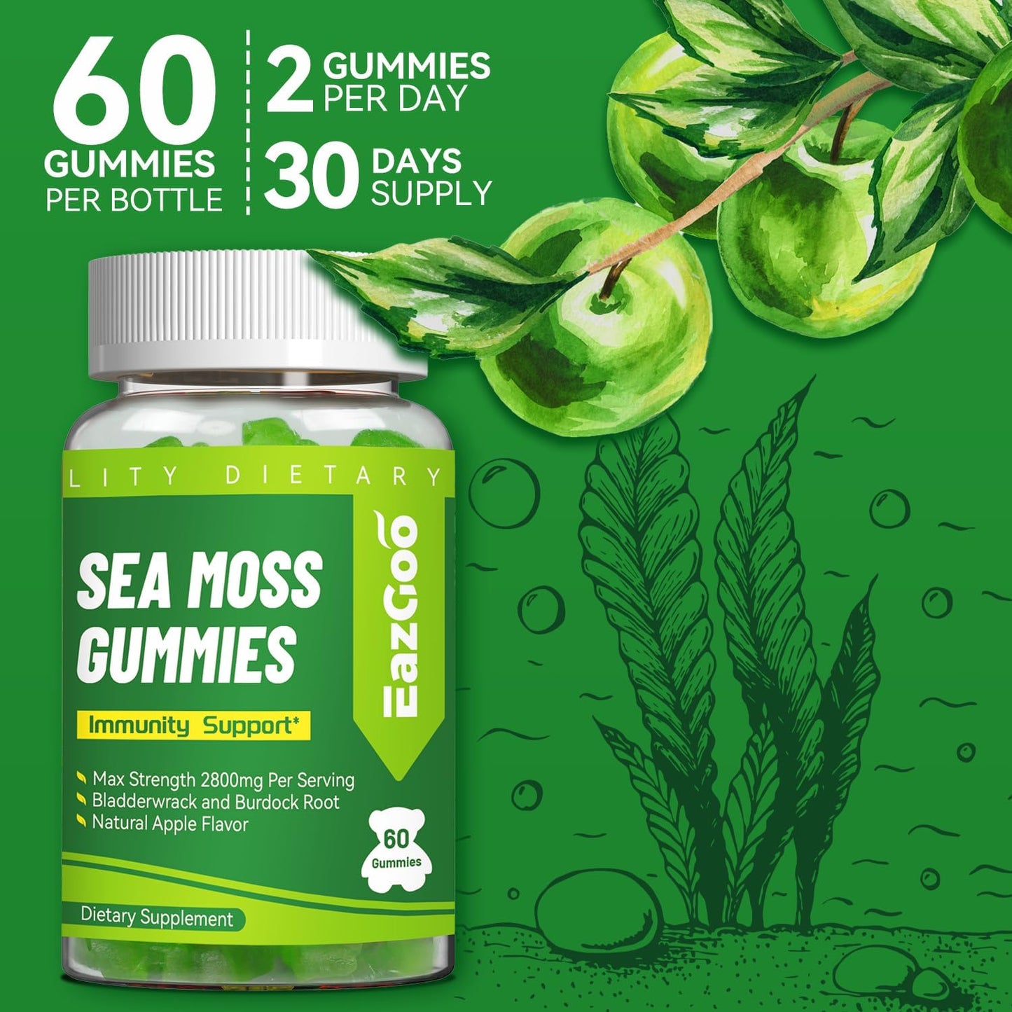 Sea Moss Gummies for Adults & Kids, Irish Sea Moss with Bladderwrack & Burdock Root, Rich in Minerals Vitamins, for Immune System, Vegan -120 Count