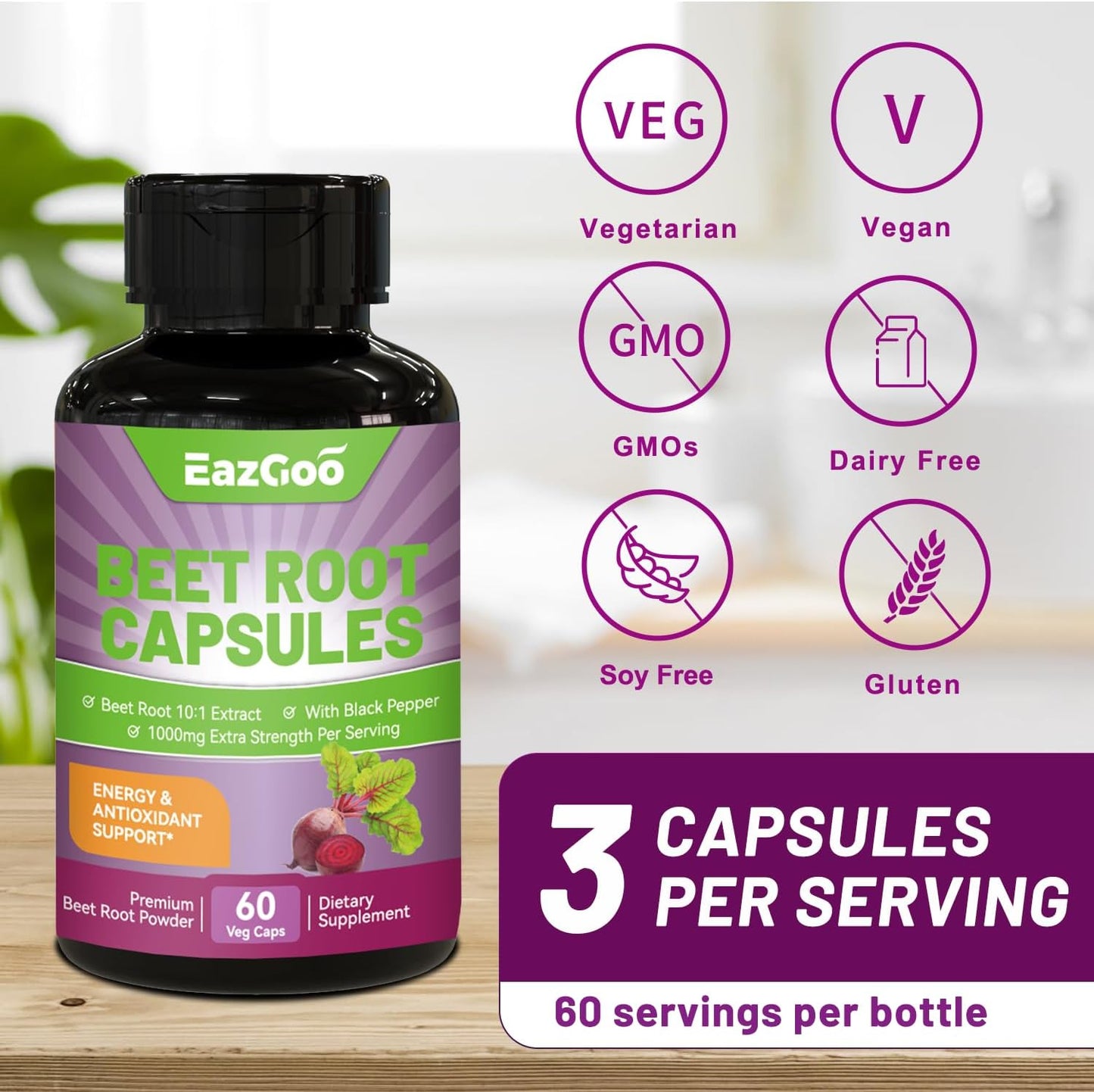 Beet Root Capsules 1000mg Per Serving, Supports Nitric Oxide Production & Blood Pressure, with Black Pepper Extract, Non-GMO, Gluten Free, Vegan - 60 Counts