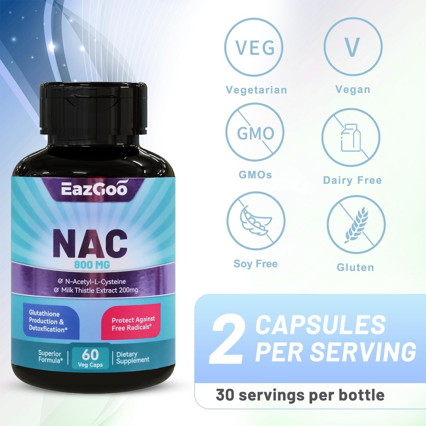 NAC Supplement N-Acetyl Cysteine 800mg, with Milk Thistle 200mg, Immune System & Antioxidant Support, Non-GMO, Gluten Free - 60 Capsules