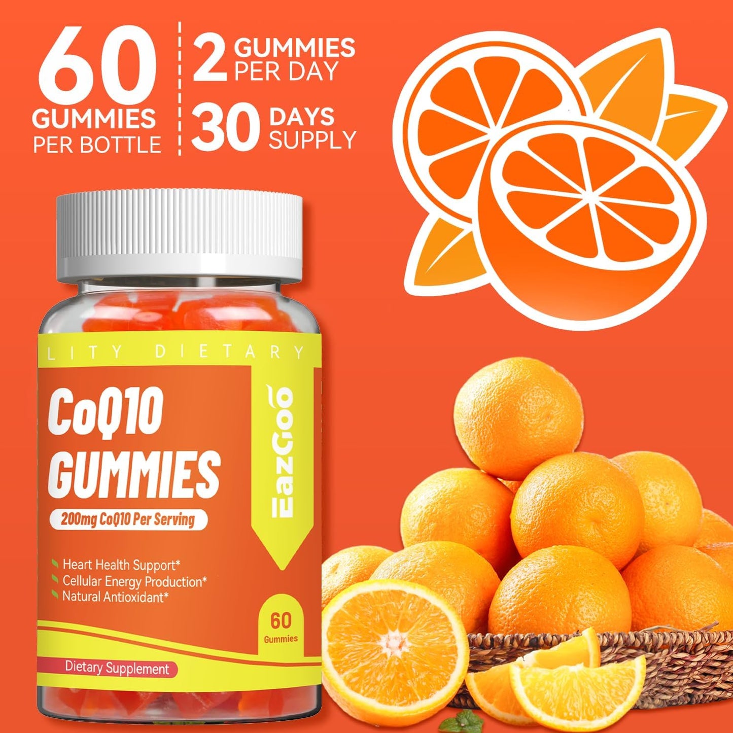 CoQ10 Gummies 200mg, Vegan Supplement for Energy Production, Non-GMO, Gluten Free (60 Gummies)