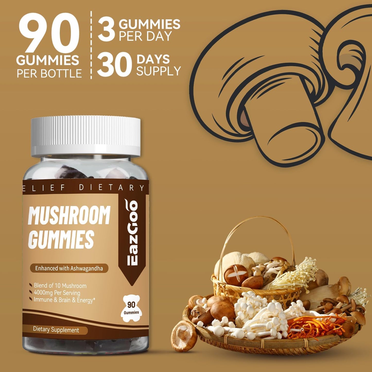 Mushroom Gummies Supplement - with Ashwagandha, Lions Mane, Shitake Mushrooms, Turkey Tail, Chaga, and Cordyceps Mushroom for Immune Health, Mood & Stress Support (90 Gummies)