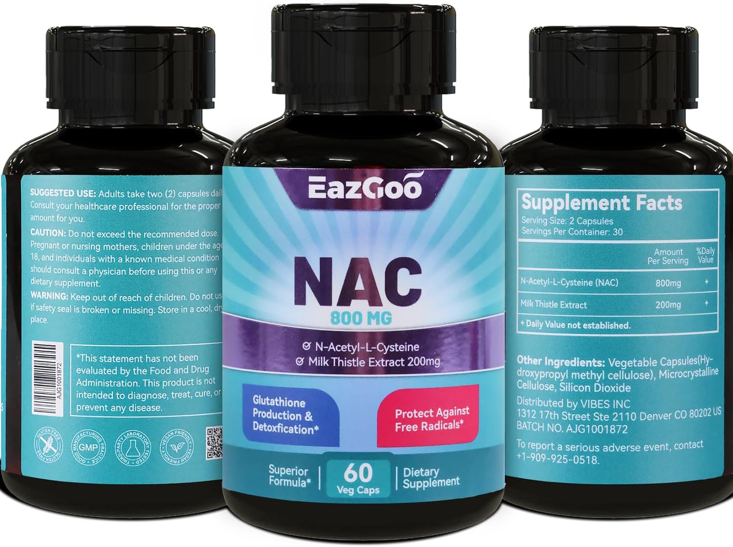 NAC Supplement N-Acetyl Cysteine 800mg, with Milk Thistle 200mg, Immune System & Antioxidant Support, Non-GMO, Gluten Free - 60 Capsules