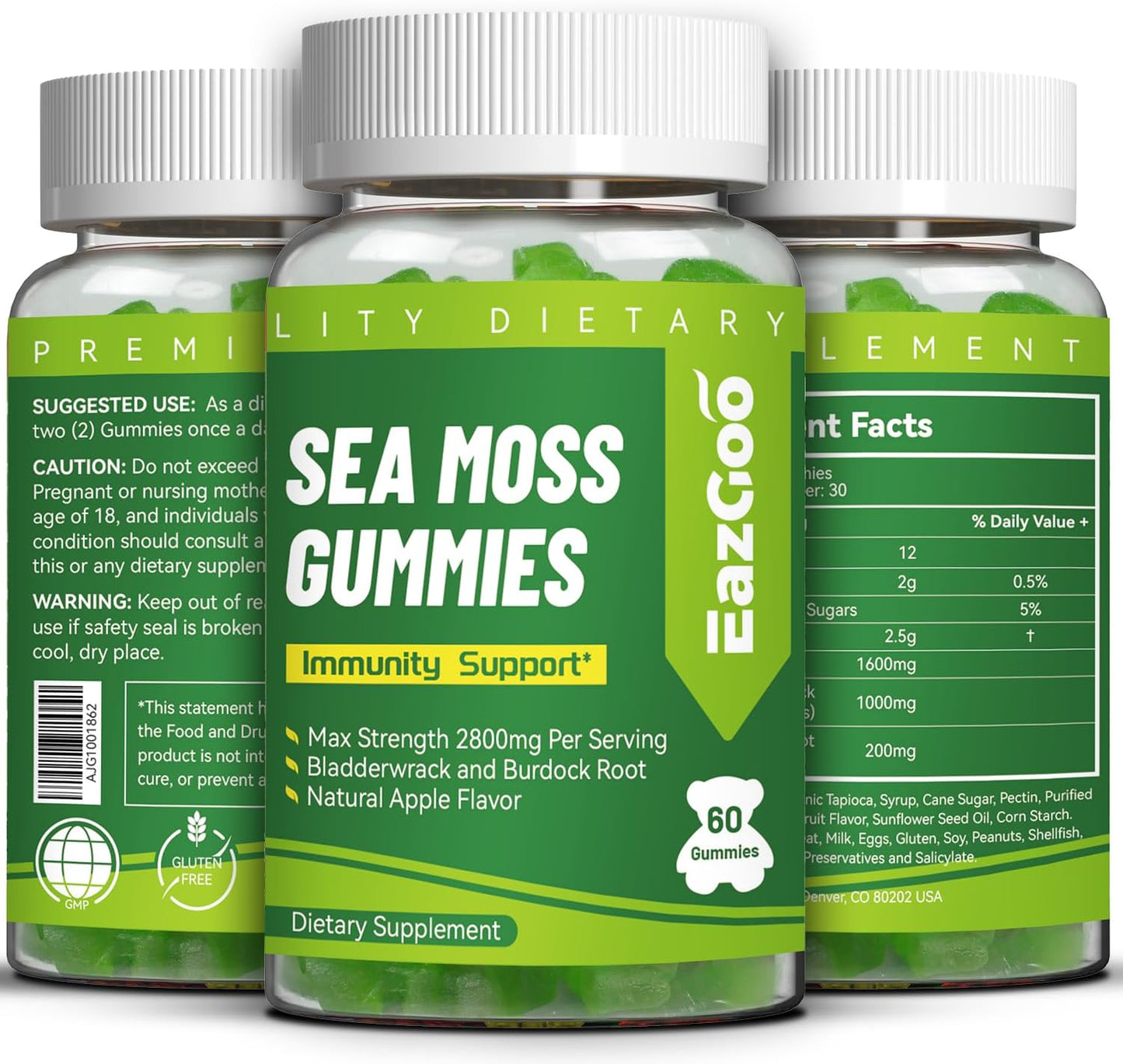 Sea Moss Gummies for Adults & Kids, Irish Sea Moss with Bladderwrack & Burdock Root, Rich in Minerals Vitamins, for Immune System, Vegan -120 Count