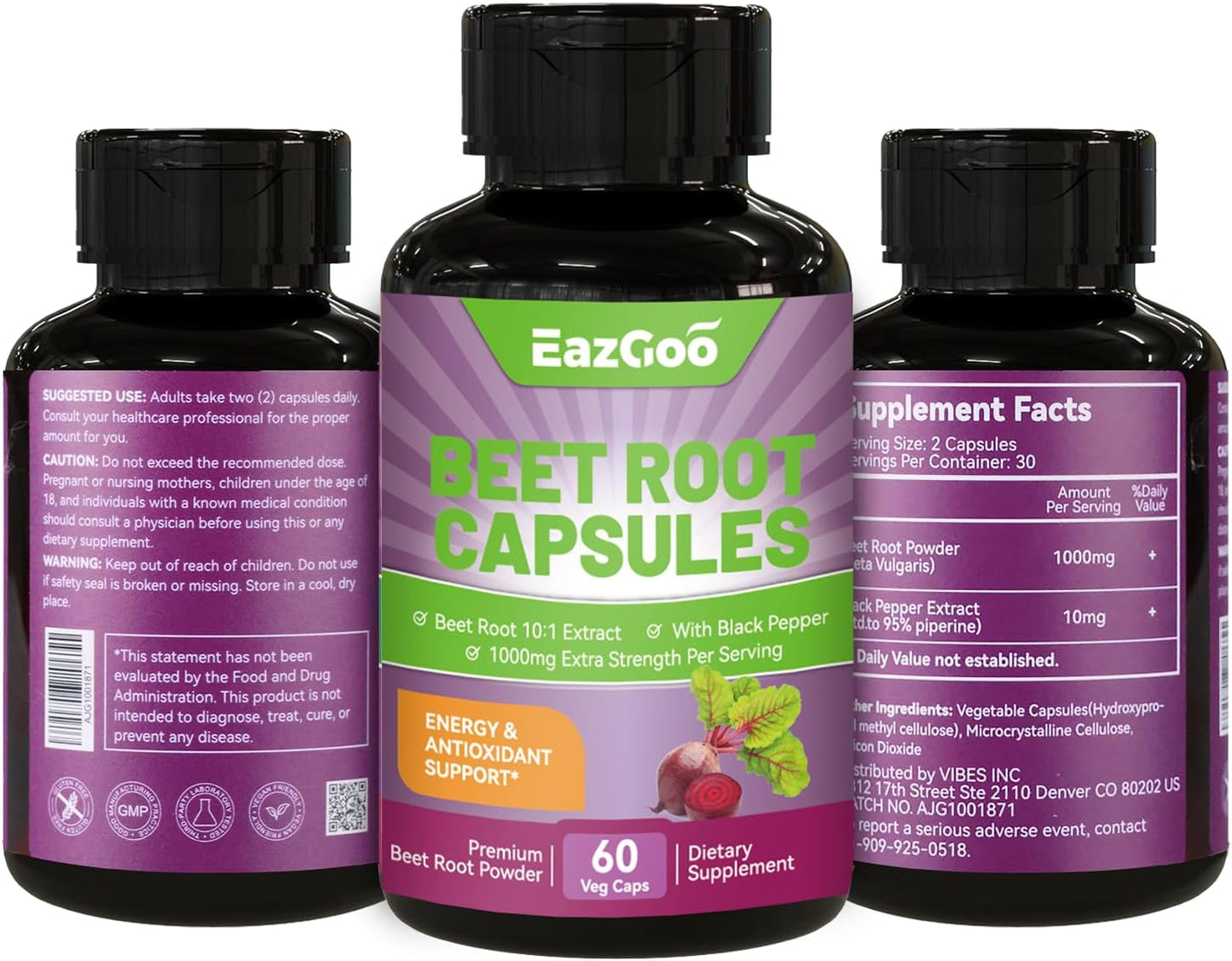 Beet Root Capsules 1000mg Per Serving, Supports Nitric Oxide Production & Blood Pressure, with Black Pepper Extract, Non-GMO, Gluten Free, Vegan - 60 Counts