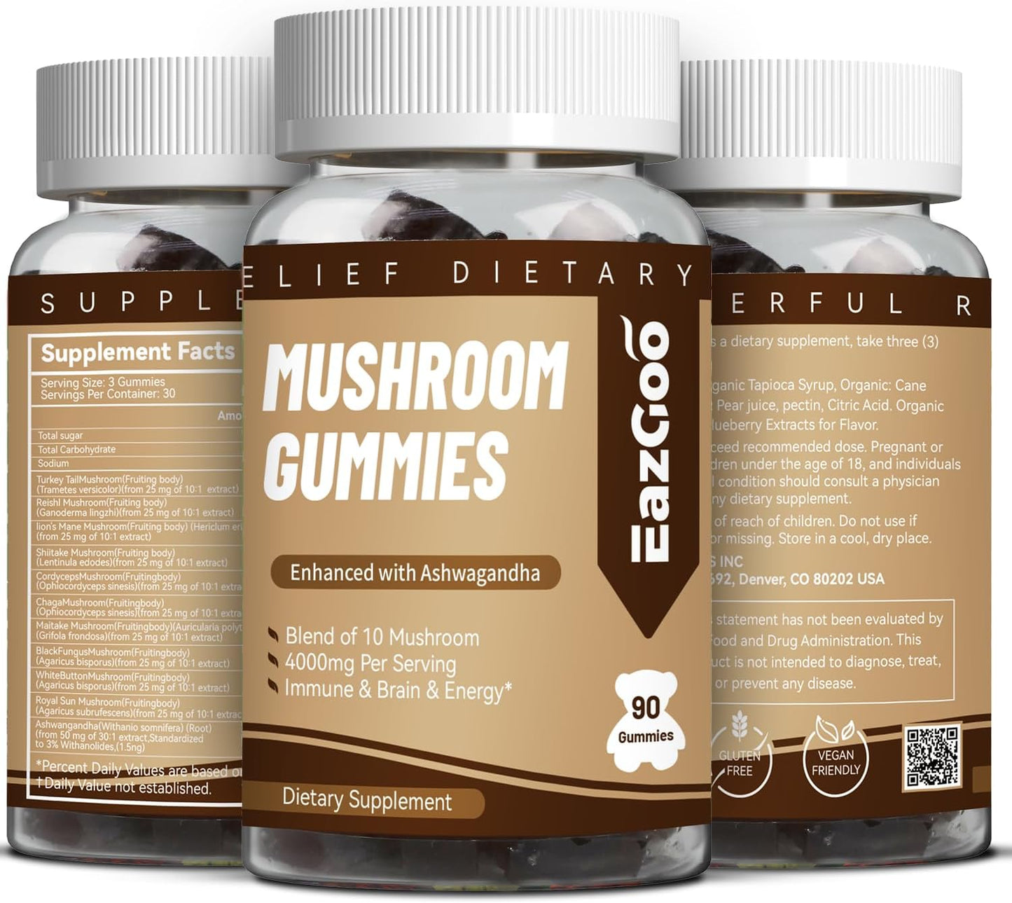 Mushroom Gummies Supplement - with Ashwagandha, Lions Mane, Shitake Mushrooms, Turkey Tail, Chaga, and Cordyceps Mushroom for Immune Health, Mood & Stress Support (90 Gummies)