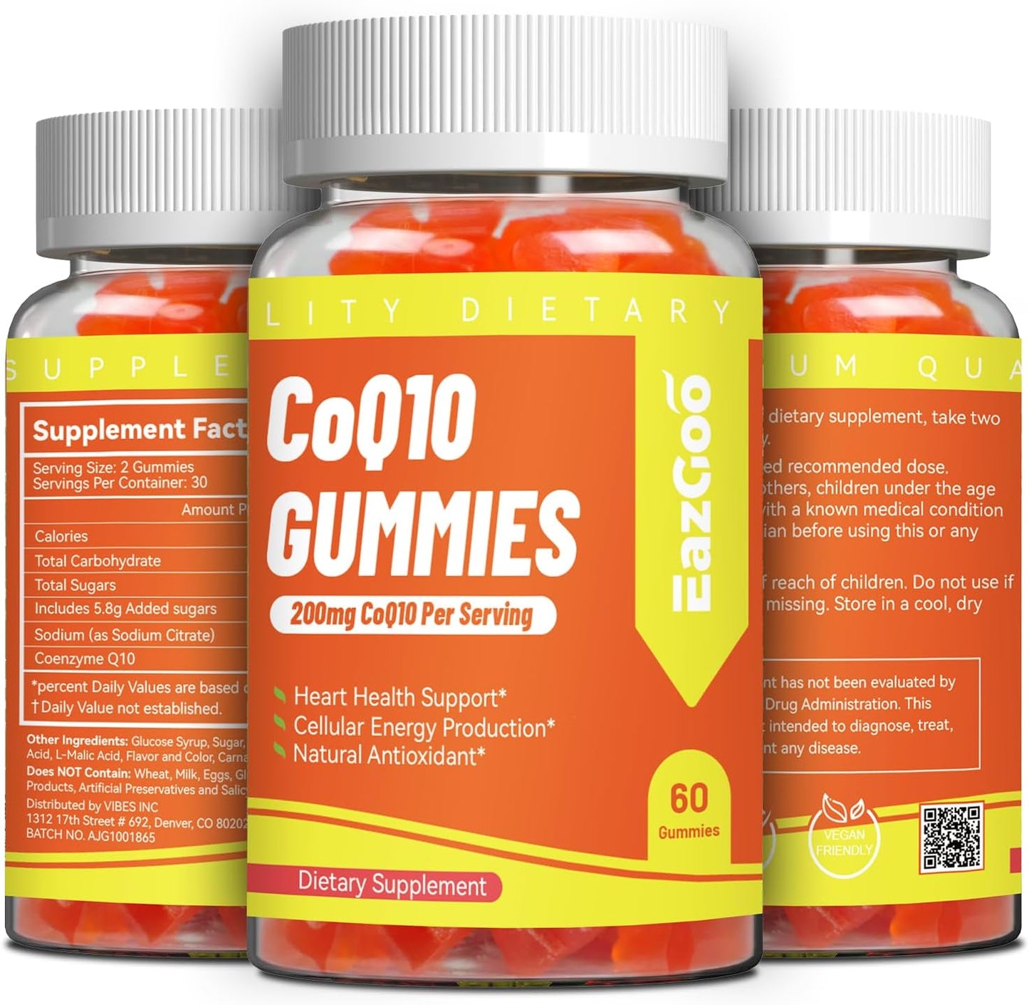 CoQ10 Gummies 200mg, Vegan Supplement for Energy Production, Non-GMO, Gluten Free (60 Gummies)