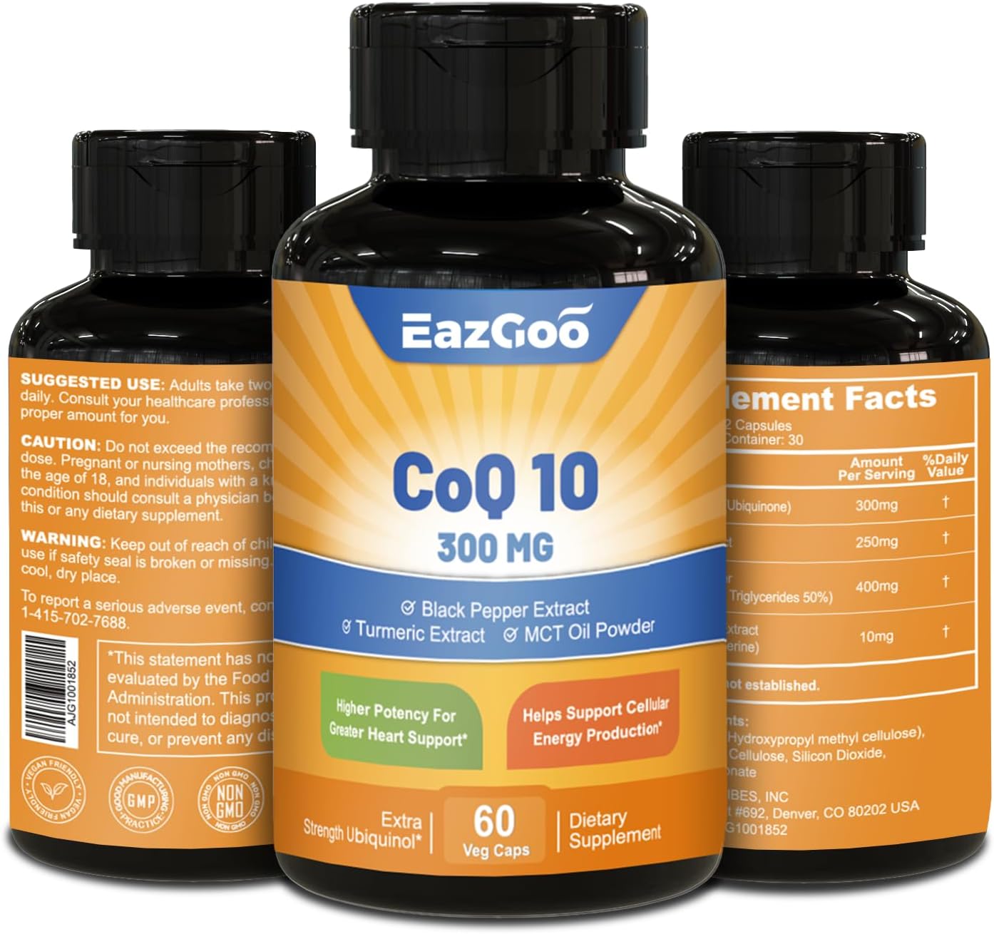 EAZGOO CoQ10 300mg Softgels, Vegan Supplement for Energy Production, Non-GMO, Gluten Free - 60 Veggie Capsules