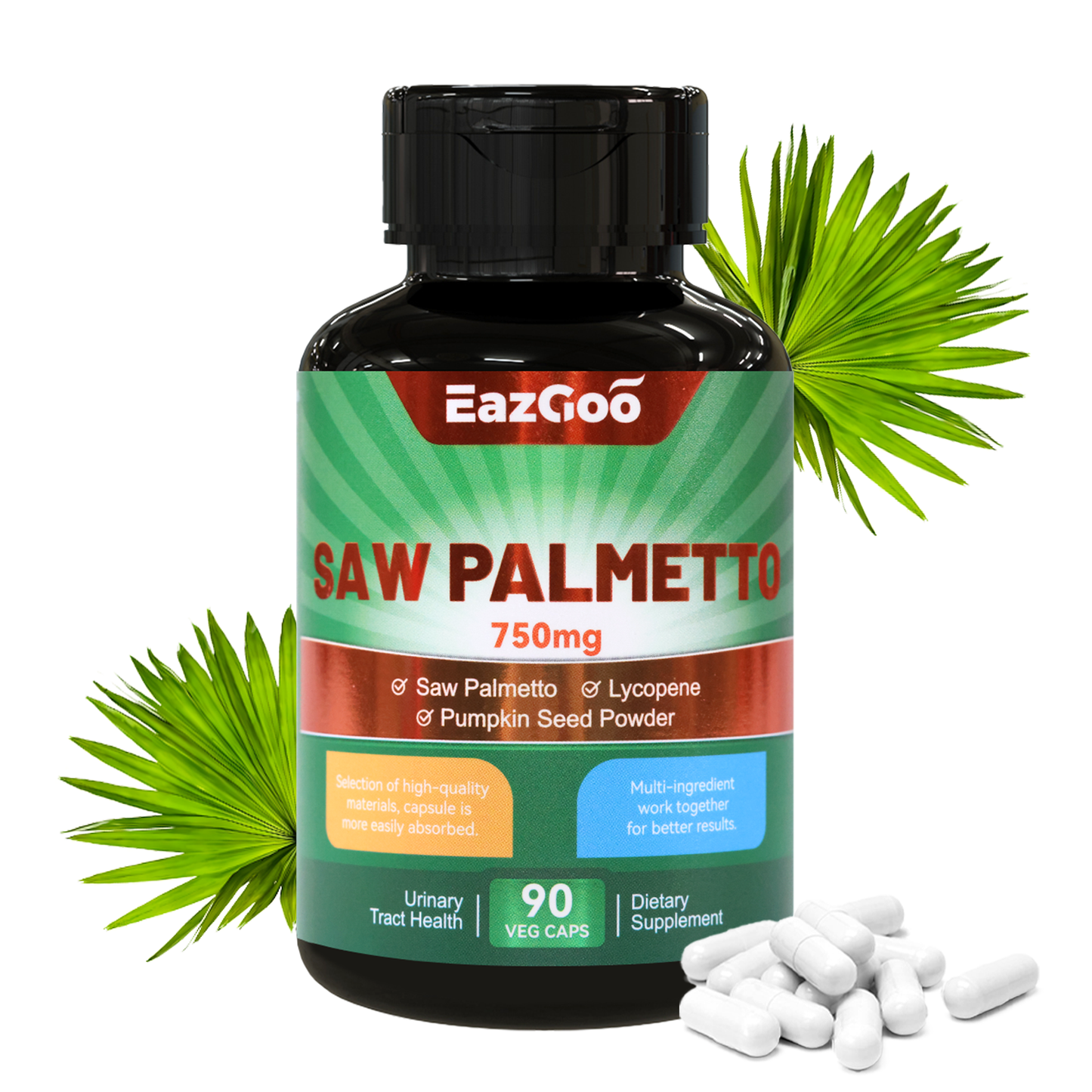 Saw Palmetto Supplement, Saw Palmetto Extract 750mg, with Lycopene, Pumpkin Seed Powder, for Men and Women,Non-GMOs & Gluten, Vegan, 90 Count Capsules