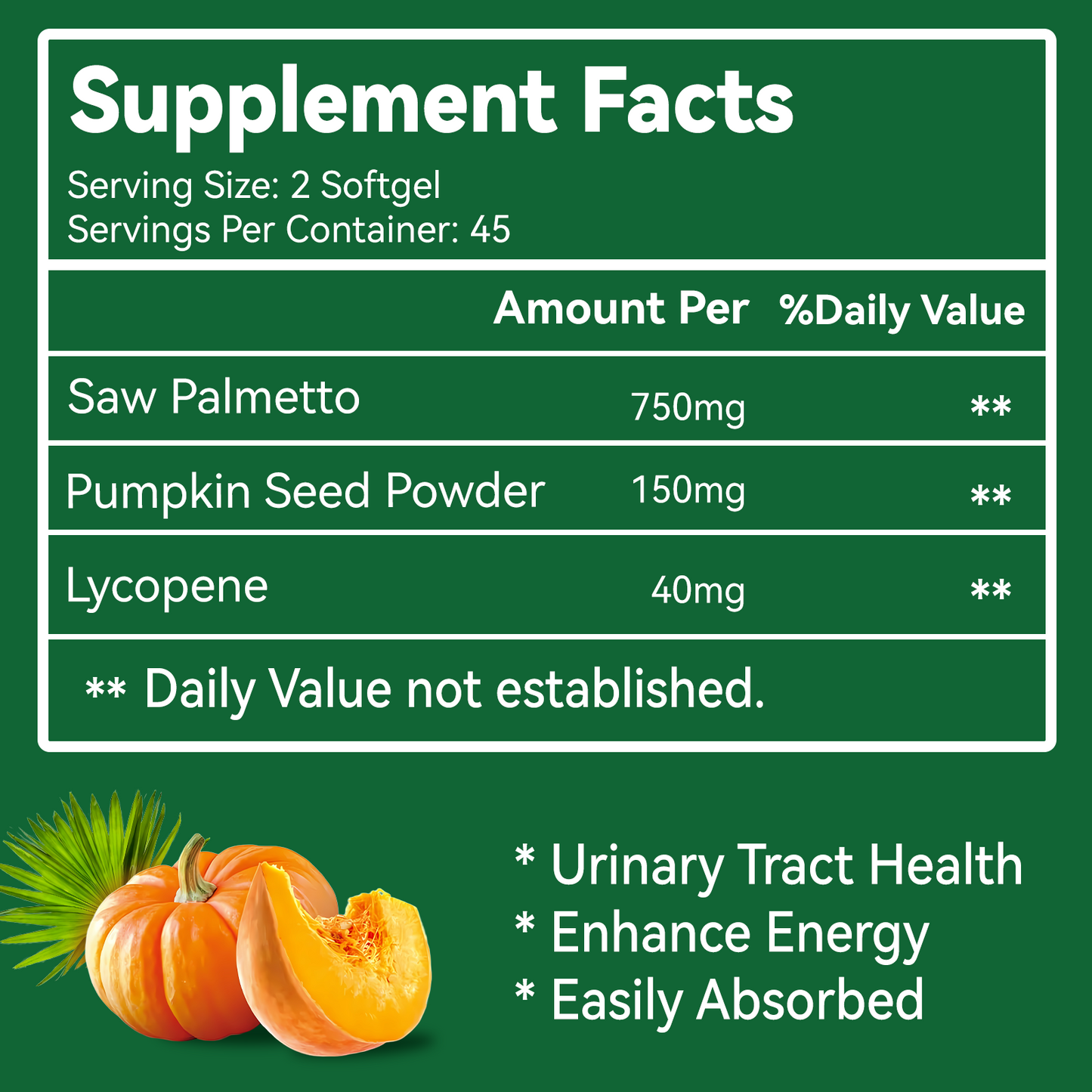 Saw Palmetto Supplement, Saw Palmetto Extract 750mg, with Lycopene, Pumpkin Seed Powder, for Men and Women,Non-GMOs & Gluten, Vegan, 90 Count Capsules