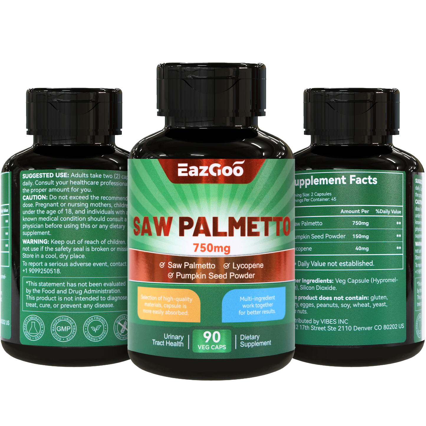 Saw Palmetto Supplement, Saw Palmetto Extract 750mg, with Lycopene, Pumpkin Seed Powder, for Men and Women,Non-GMOs & Gluten, Vegan, 90 Count Capsules