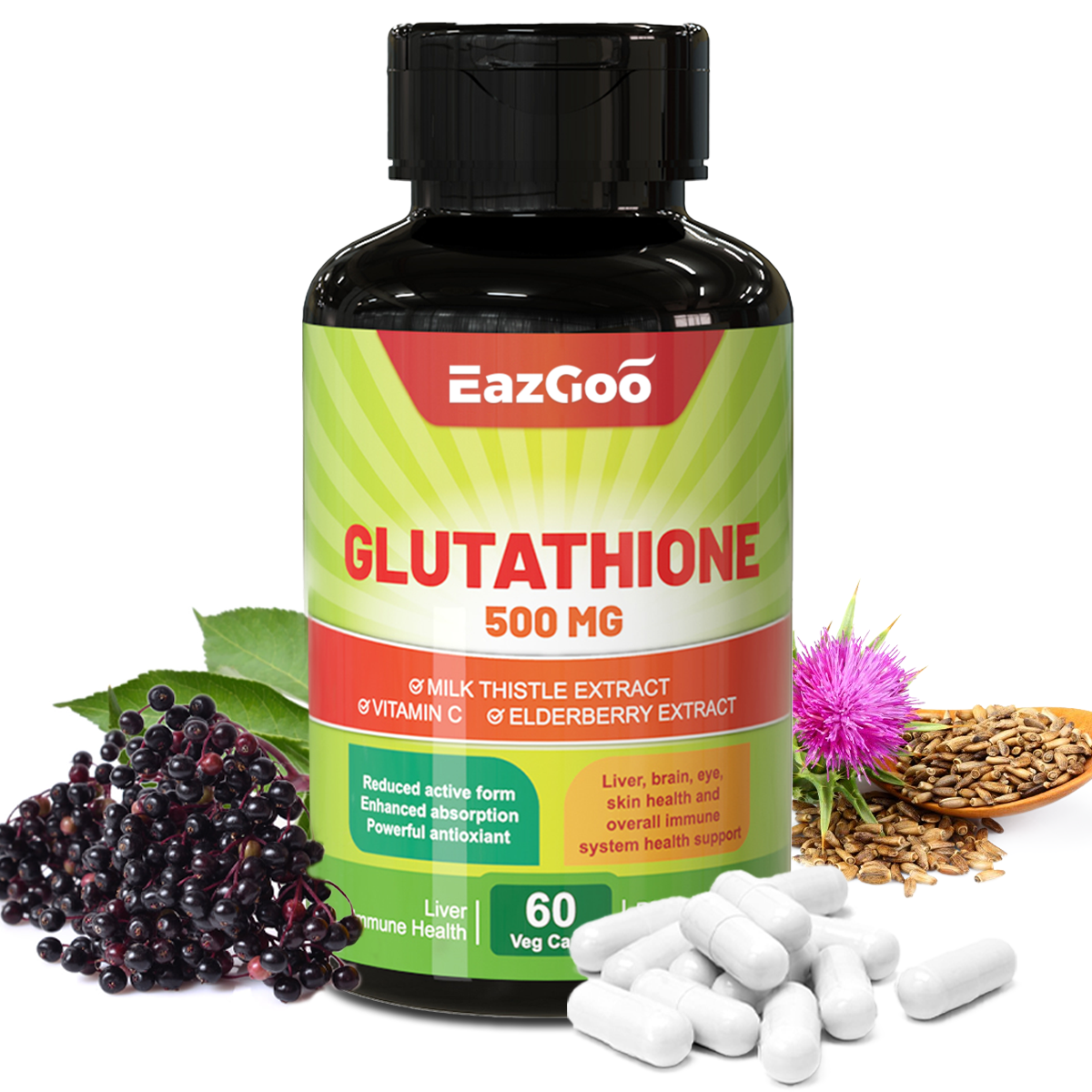 EAZGOO Reduced Glutathione Supplement,500mg, 98% Pure with Vitamin C Elderberry Milk Thistle, Antioxidant & Liver Detox, Immune Support & Anti Aging, Vegan, Gluten Free, 60 Count